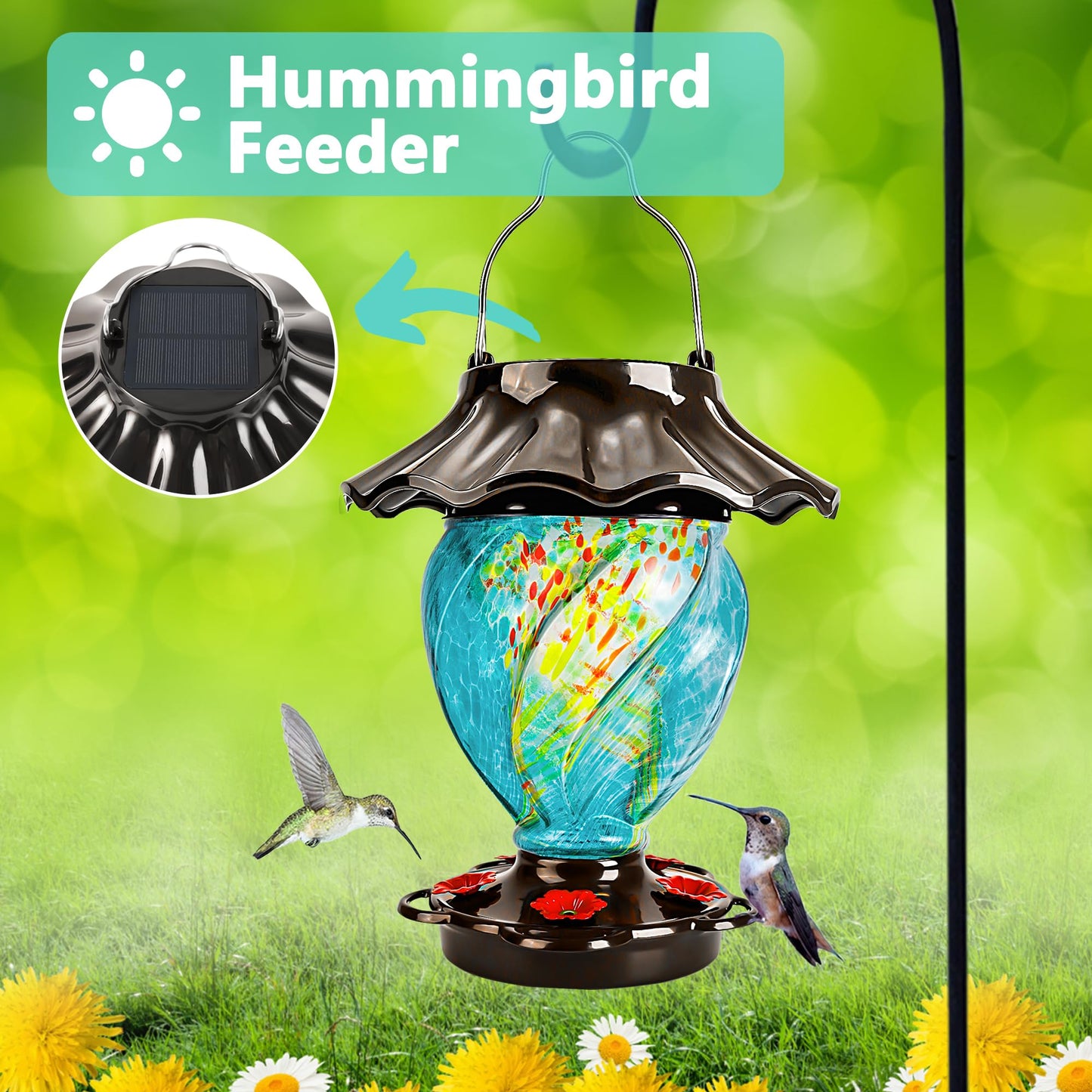 LUJII Solar Powered Hummingbird Feeder for Outside, Hand Blown Glass, Never Leak, Waterproof, Metal Base Top, Lighted Lantern for Garden Decoration, Unique Gift for Bird Lovers, Teal
