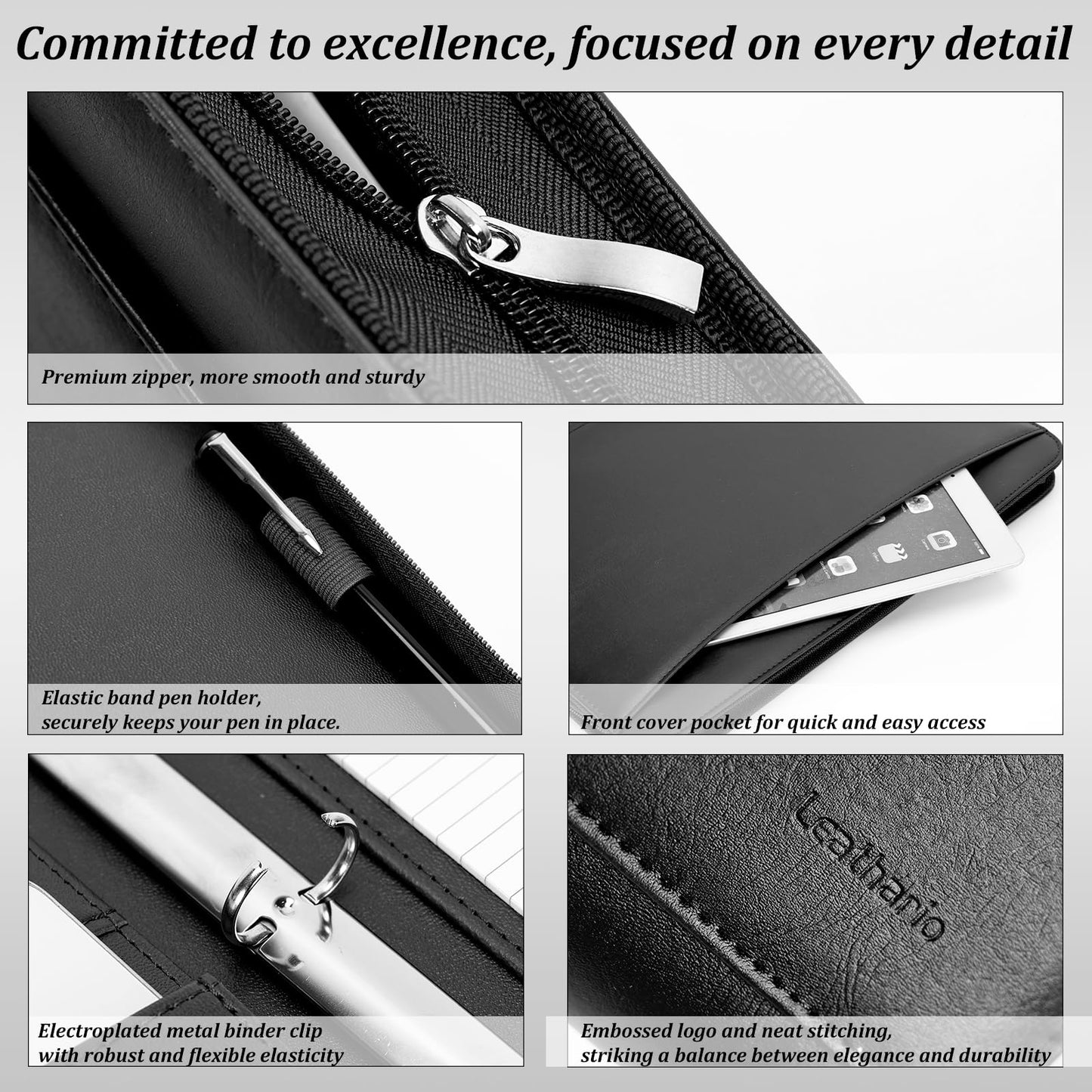 Leathario Portfolio, Vegan Leather 3-Ring Binder with Zipper, A4 Padfolio, Includes 10 Sheet Protectors and 3 Notepads, Multi-Pocket Document Holder for Tablets, Files, Notepads, Office Supplies
