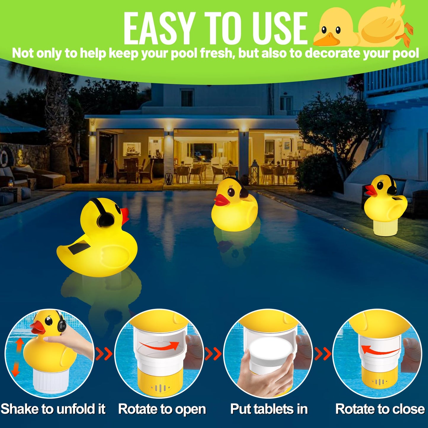 Pool Chlorine Floater with Light,Duck Chlorine Floaters with Adjustable Flow,Solar Chlorine Floater with Large Capacity,Collapsible Floating Chlorine Dispenser for Pool,Hot Tub Chlorine Floater