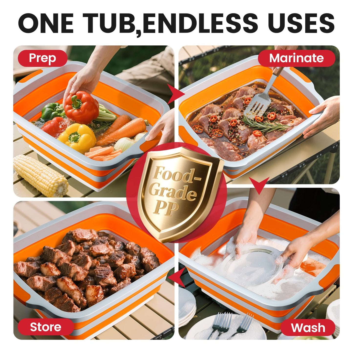 BBQ Prep Tub 3-in-1 Large 30L Collapsible Cutting Board with Locking Lid for Meal Prep Marinating Food, Camping Sink with Colander, Dish Basin, Storage Blanket for Camping Picnic BBQ, Orange