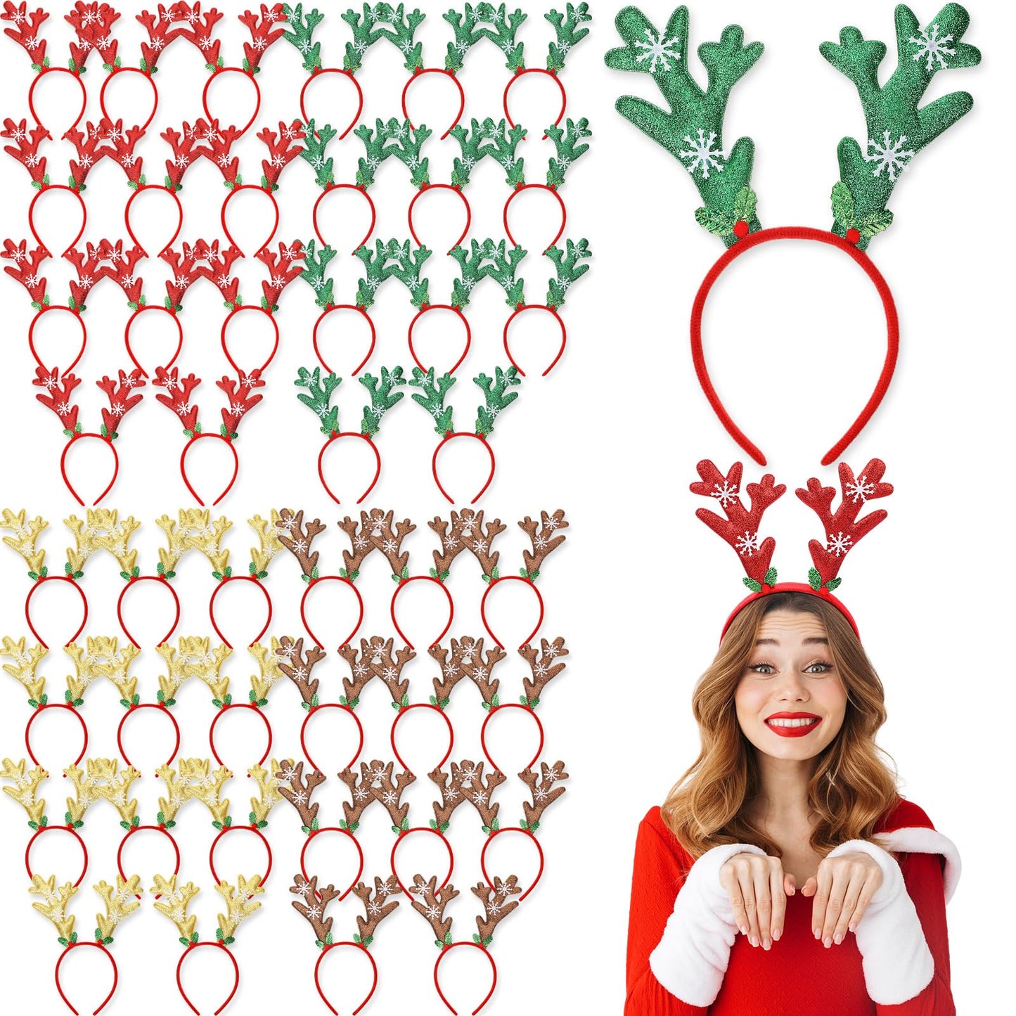 Zubebe Christmas Deer Antlers Headband Glitter Snowflake Reindeer Bulk Antlers Headpiece Headdress for Costume Party (48 Pcs)