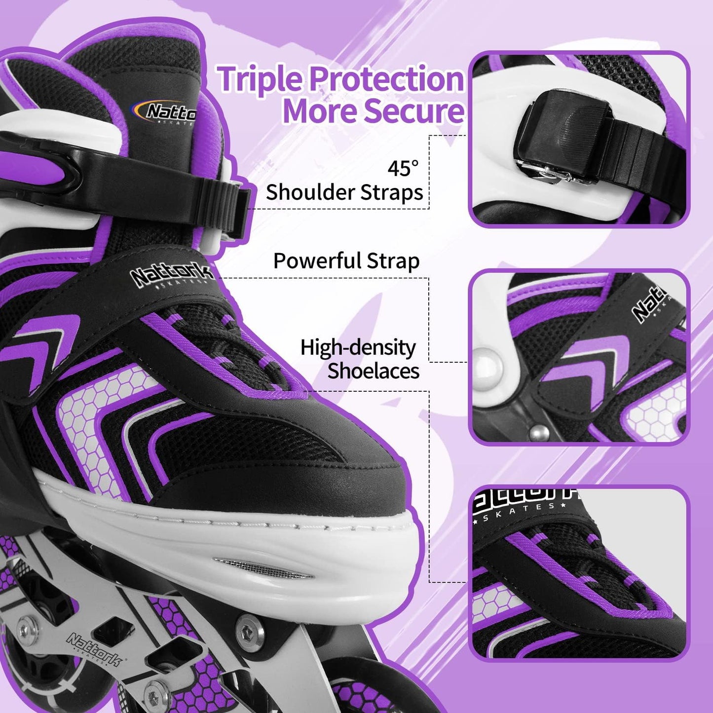 Adjustable Inline Skates for Girls, Girls Blades Roller Skates with All Light up Wheels for Big Kids, Purple, Size 1 2 3 4