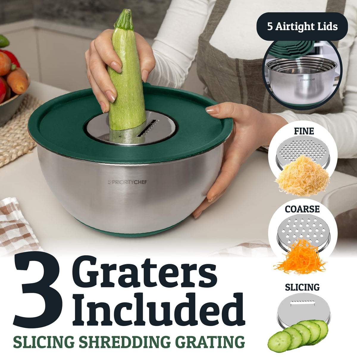 Priority Chef Stainless Steel Mixing Bowls with Lids Set, 3 Grater Attachments, Airtight Lids, Non-Slip Silicone Base Mixing Bowl Set, Large Prep Metal Mixing Bowls for Kitchen, Parent (Green)