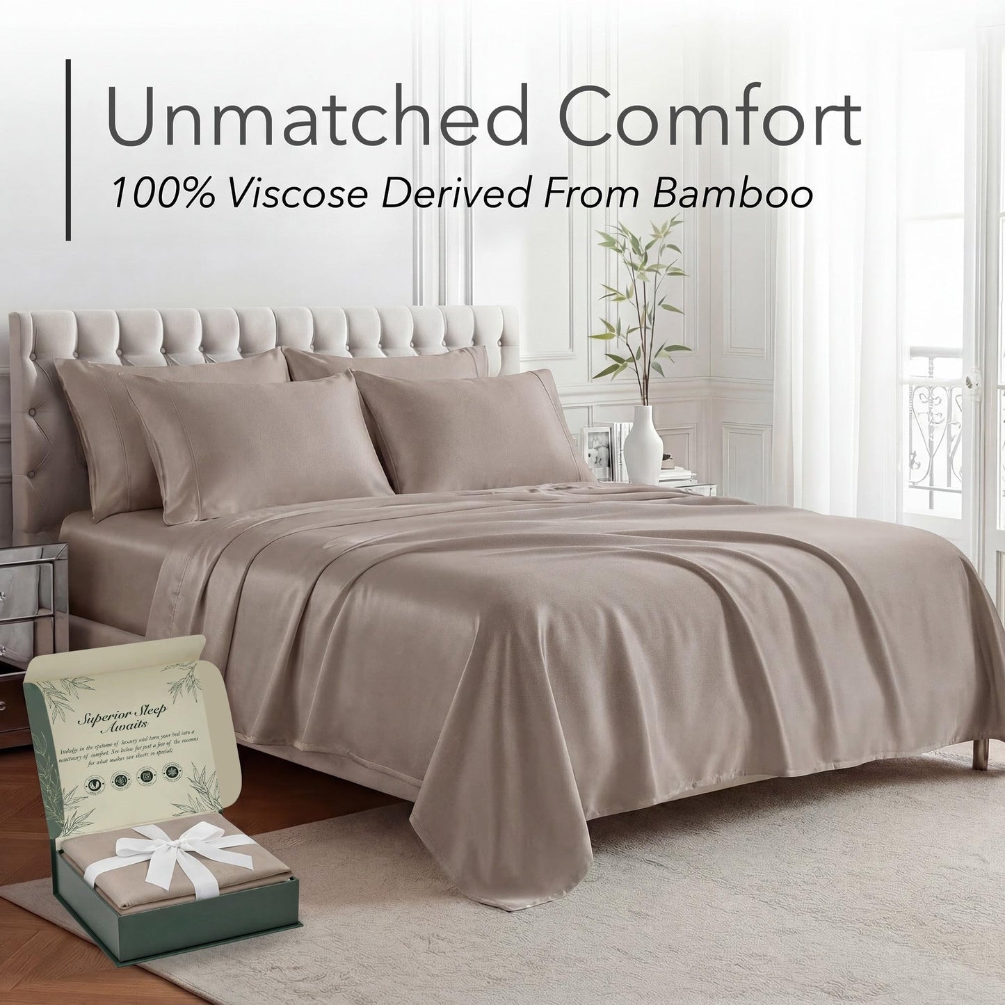DECOLURE 100% Organic Viscose Derived from Bamboo Sheets King Size 6pcs - Ultra Soft & Luxuriously Cooling, 17" Deep Pocket, Double Stitching, Perfect for Hot Sleepers - King Bed Sheets (Taupe)