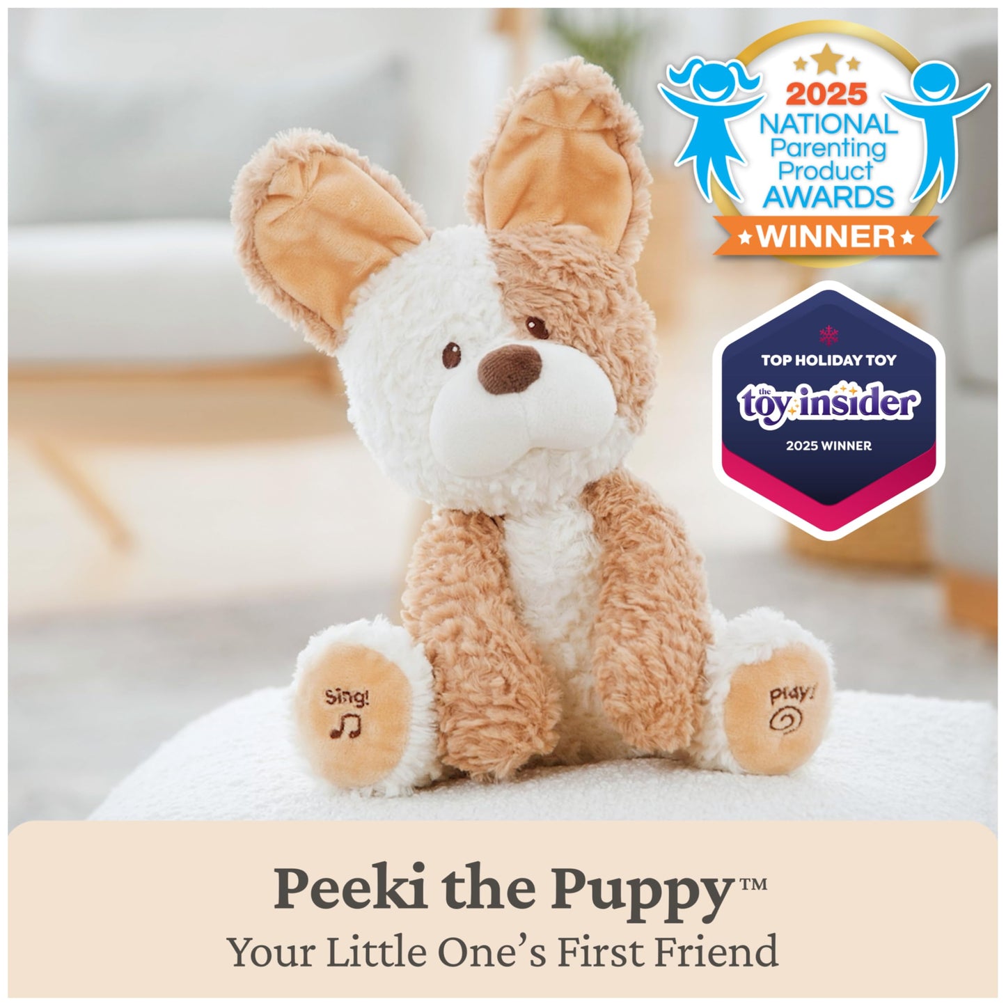 Baby GUND Peeki The Puppy Animated Plush, Singing Stuffed Animal, Sensory Toy for Babies and Toddlers, Plays Peek-a-Boo and Sings, Brown/Cream, 12”