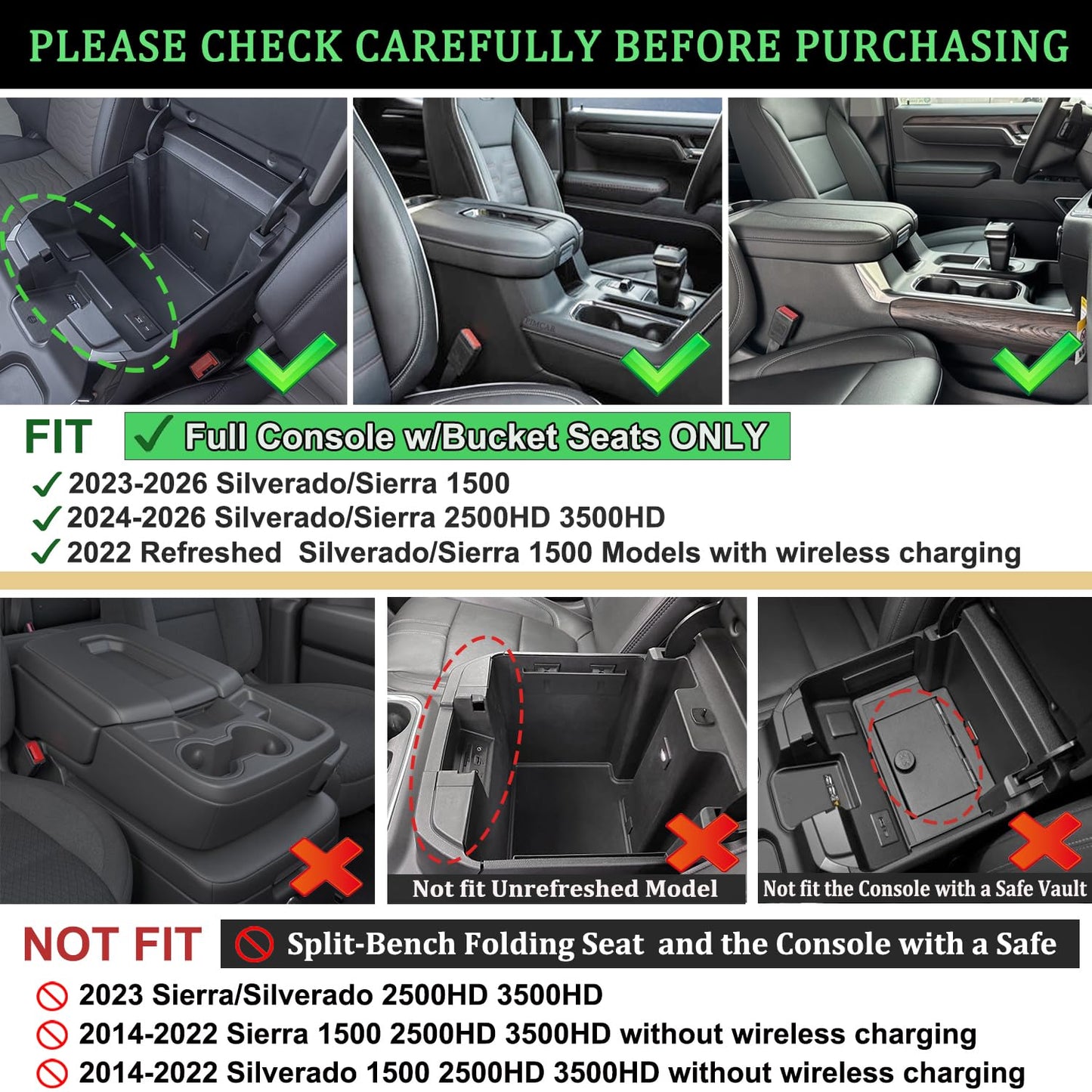 PIMCAR Full Center Console Organizer for 2023-2026 Refreshed Chevy Silverado/GMC Sierra 1500, 2024-2026 Silverado/Sierra 2500HD 3500HD (Full Console w/Bucket Seats ONLY)