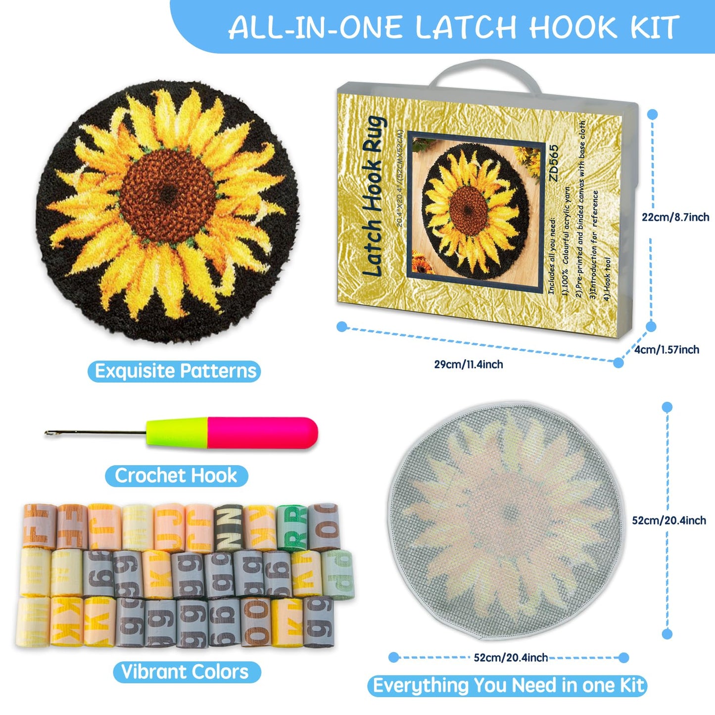 Latch Hook Rug Kit, Sunflower Pattern Printed Canvas DIY Rug Crochet Yarn Kits, Embroidery Decoration 20.4" X 20.4" (52 * 52cm)