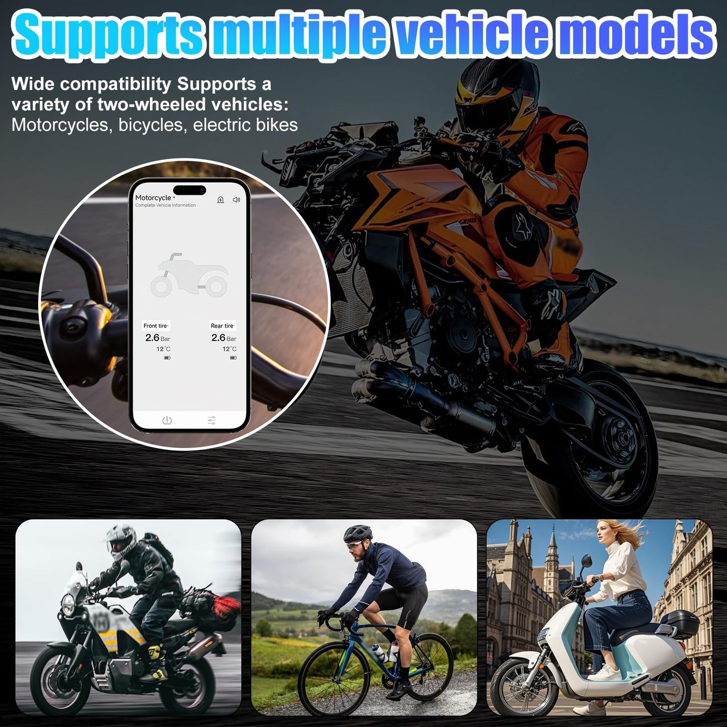 3T6B Wireless Tire Pressure Monitoring System with 2 TPMS External Sensors for Motorcycle & Bicycle, Real-time Tire Pressure and Temperature Alarm, Supports iOS & Android