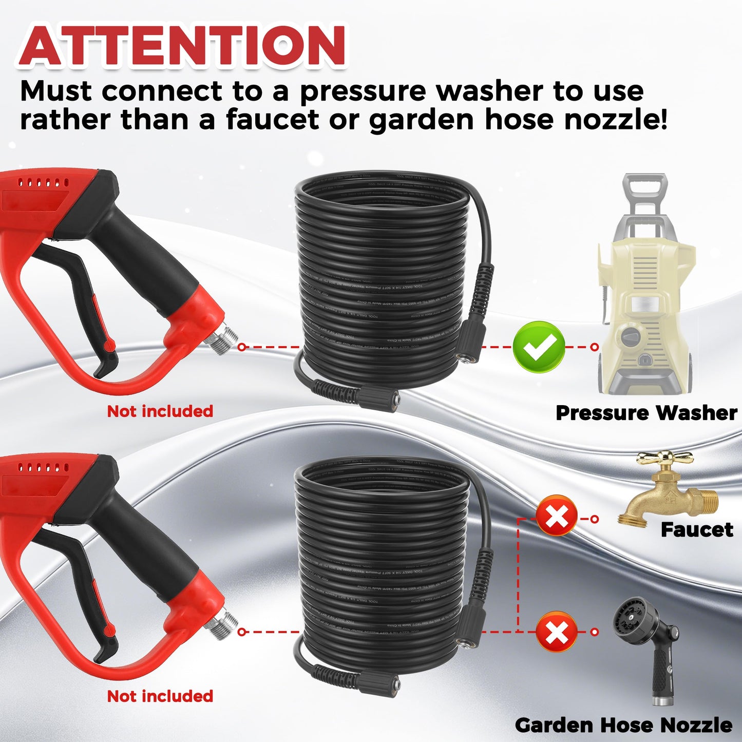 Tool Daily High Pressure Washer Hose 50 FT X 1/4 Inch, 3600 PSI, M22 14mm, Replacement Power Washer Hose for Most Brands