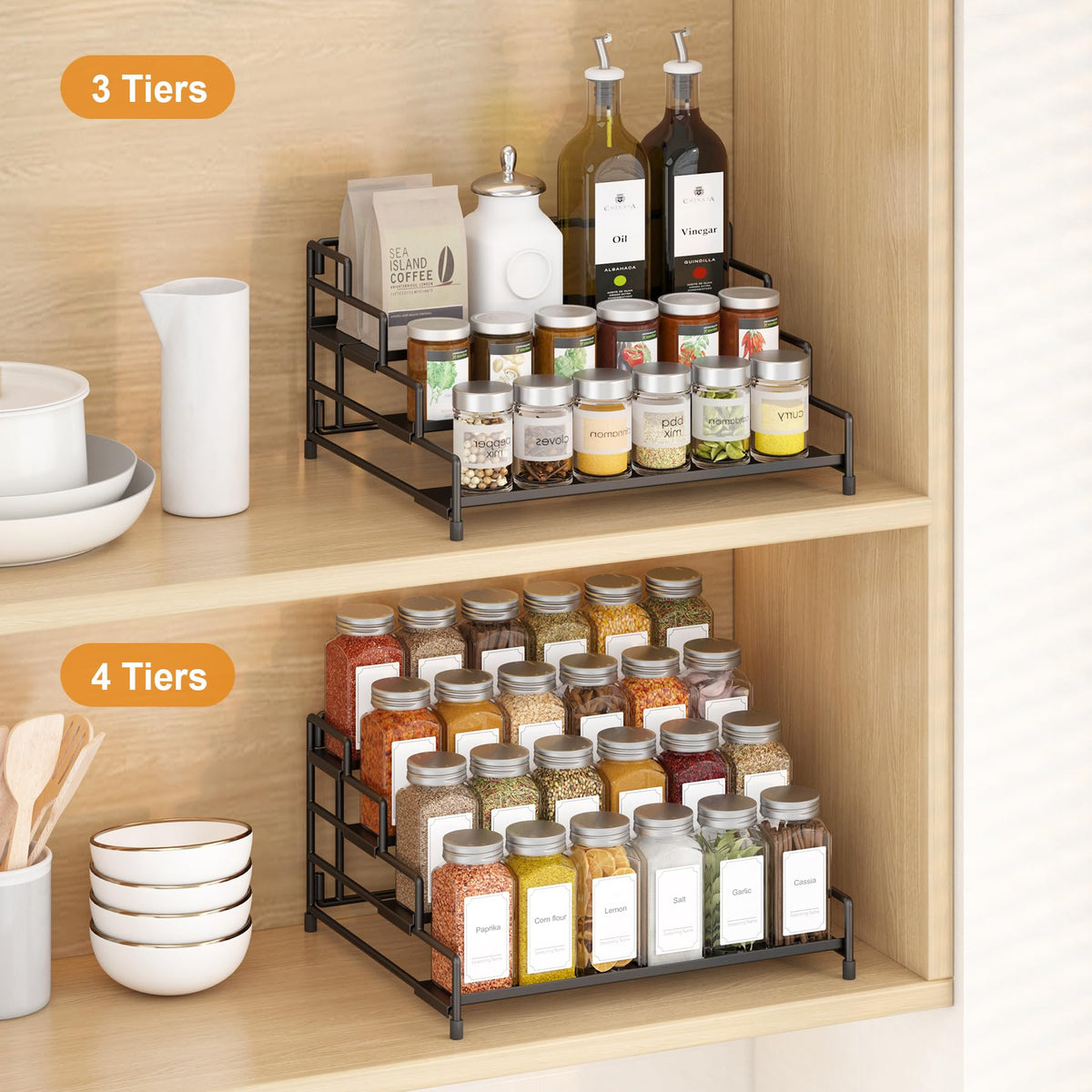 RUILALIFE 4-Tier-Spice-Rack-Organizer-for-Cabinet, Adjustable Depth Spice Holder Shelf For Countertop Pantry Cupboard, Metal Tiered Seasoning Organizer,Display Shelf Riser