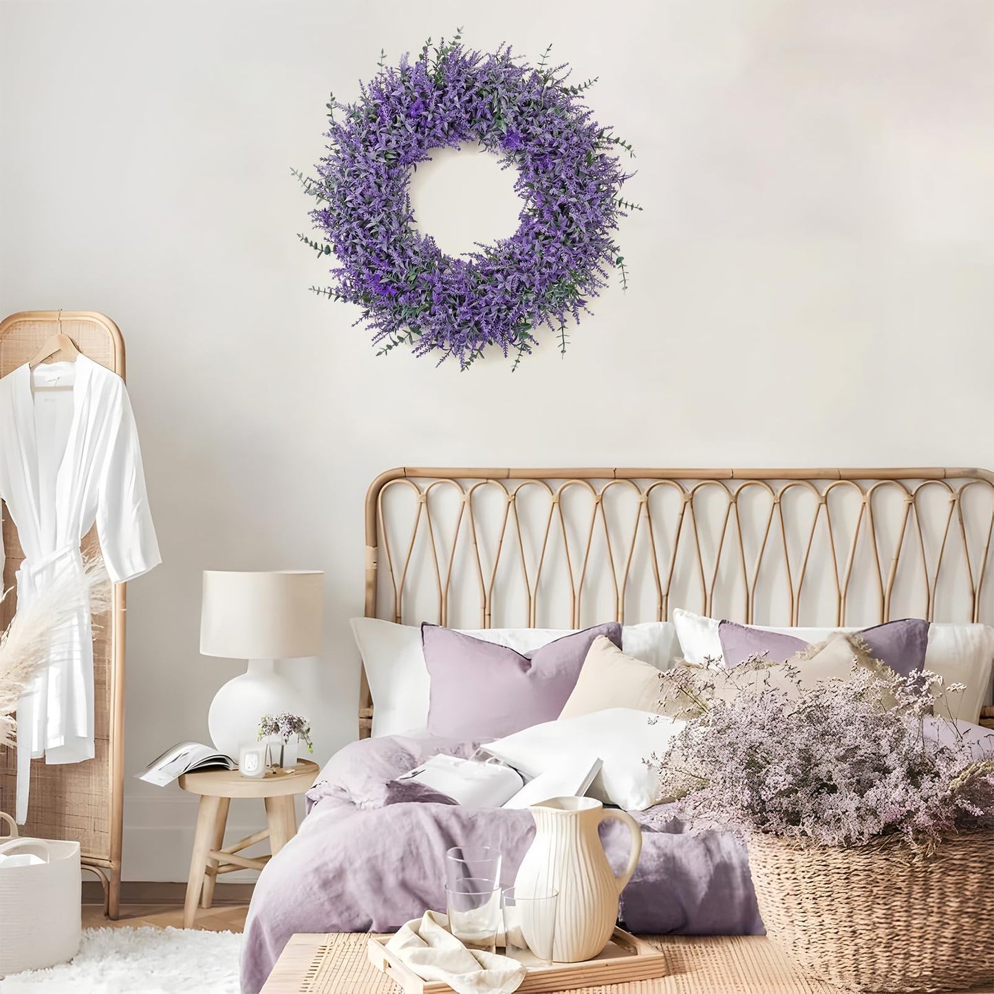 TOCHGREEN Lavender Wreath for Front Door 23Inch Artificial Spring Summer Purple Lavender Wreaths All Seasons Eucalyptus Wreaths for Indoor Outdoor Outside Wall Room Home Farmhouse Window Decor