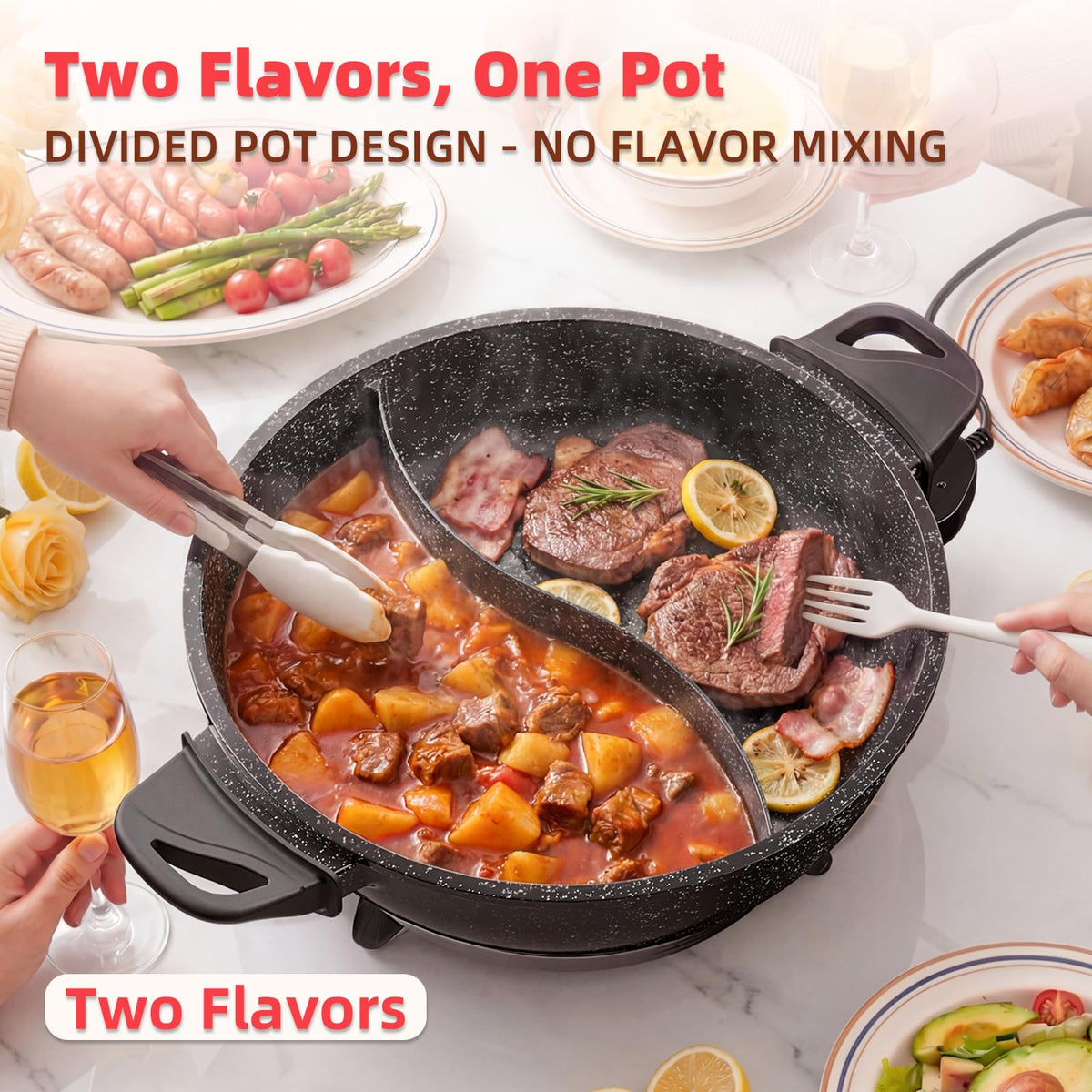 SENSCHEF TWIN™ Electric Hot Pot with Divider | Dual-Flavor Shabu Shabu Hotpot | EvenHeat Cast Aluminum Nonstick | 1500W Fast Heating Electric Hot Pot | Hot Pot Set for Family & Parties | Granite Black