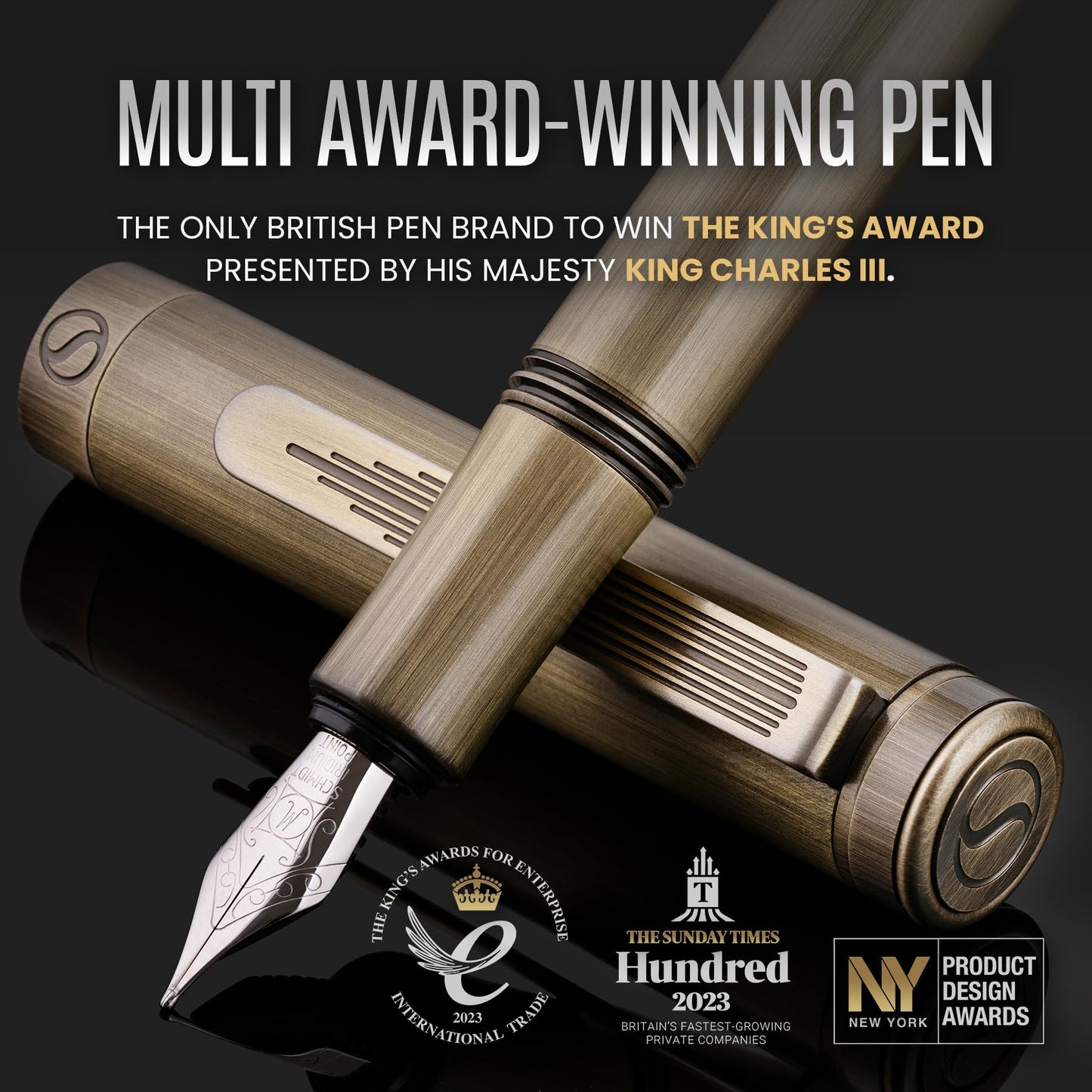 Scriveiner Luxury EDC Fountain Pen (Medium), Stunning Heavy Brass Pocket Pen, Hand Brushed Finish, Schmidt German Nib Converter, Best Writing Pen Gift Set for Men Women, Nice Fancy Designer Pen