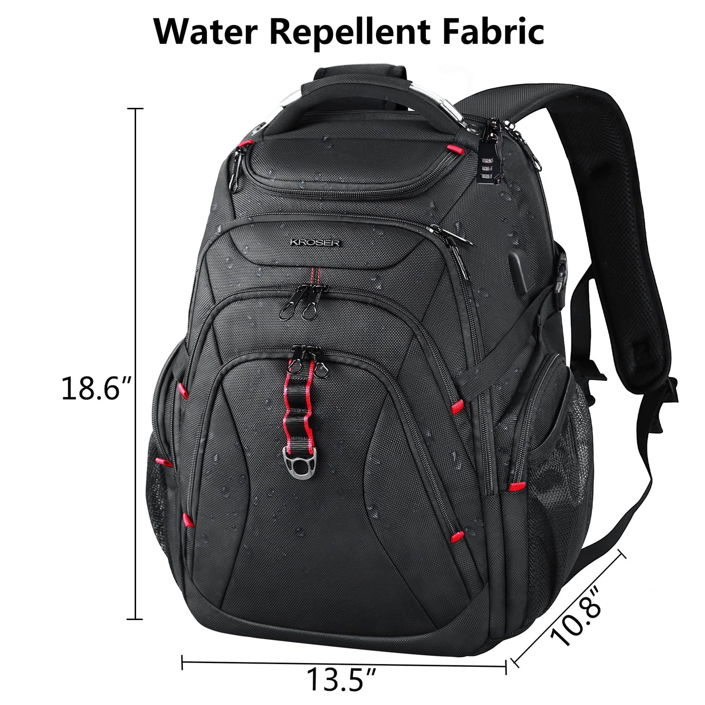 KROSER Travel Laptop Backpack 17.3 Inch XL Heavy Duty Computer Backpack with Hard Shell Saferoom RFID Pockets Water-Repellent Business College Daypack Stylish School Laptop Bag for Men/Women-Black