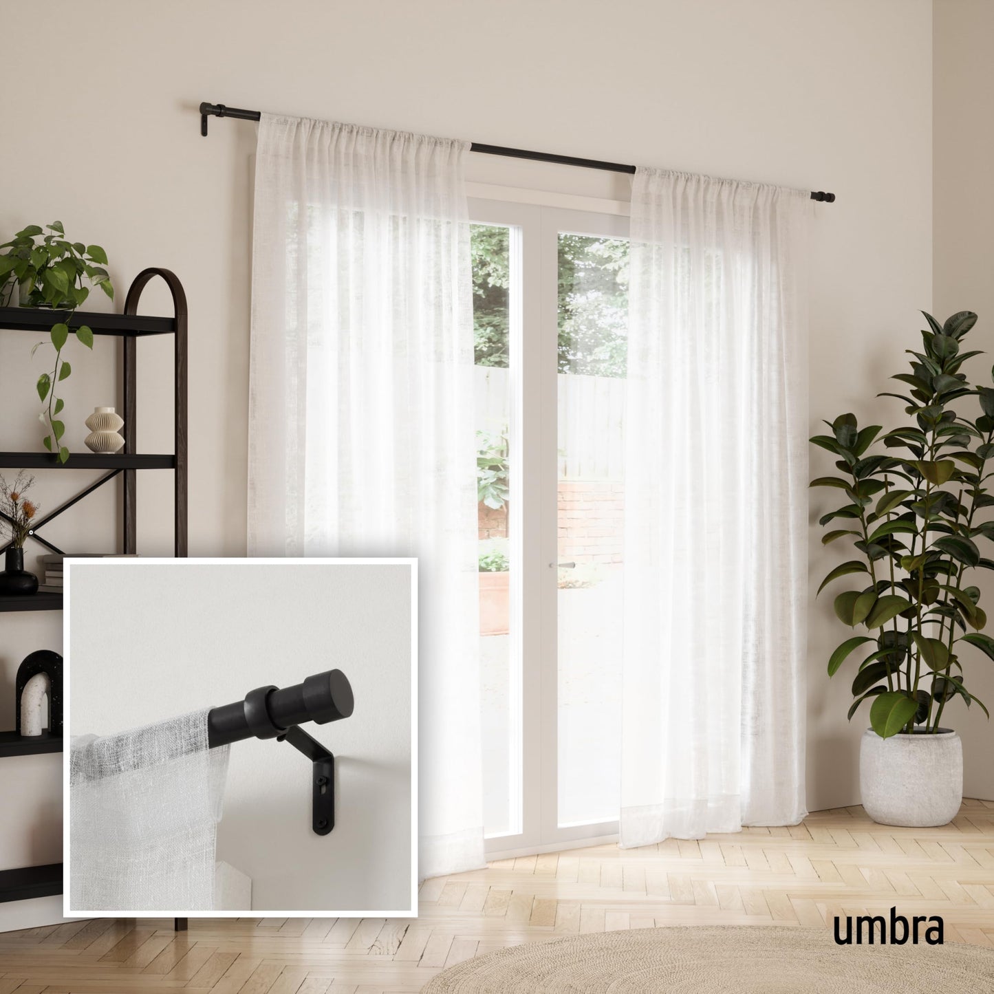 Umbra Cappa Modern 1" Curtain Rod, Includes 2 Matching Finials, Brackets & Hardware, 66” to 120”, Black