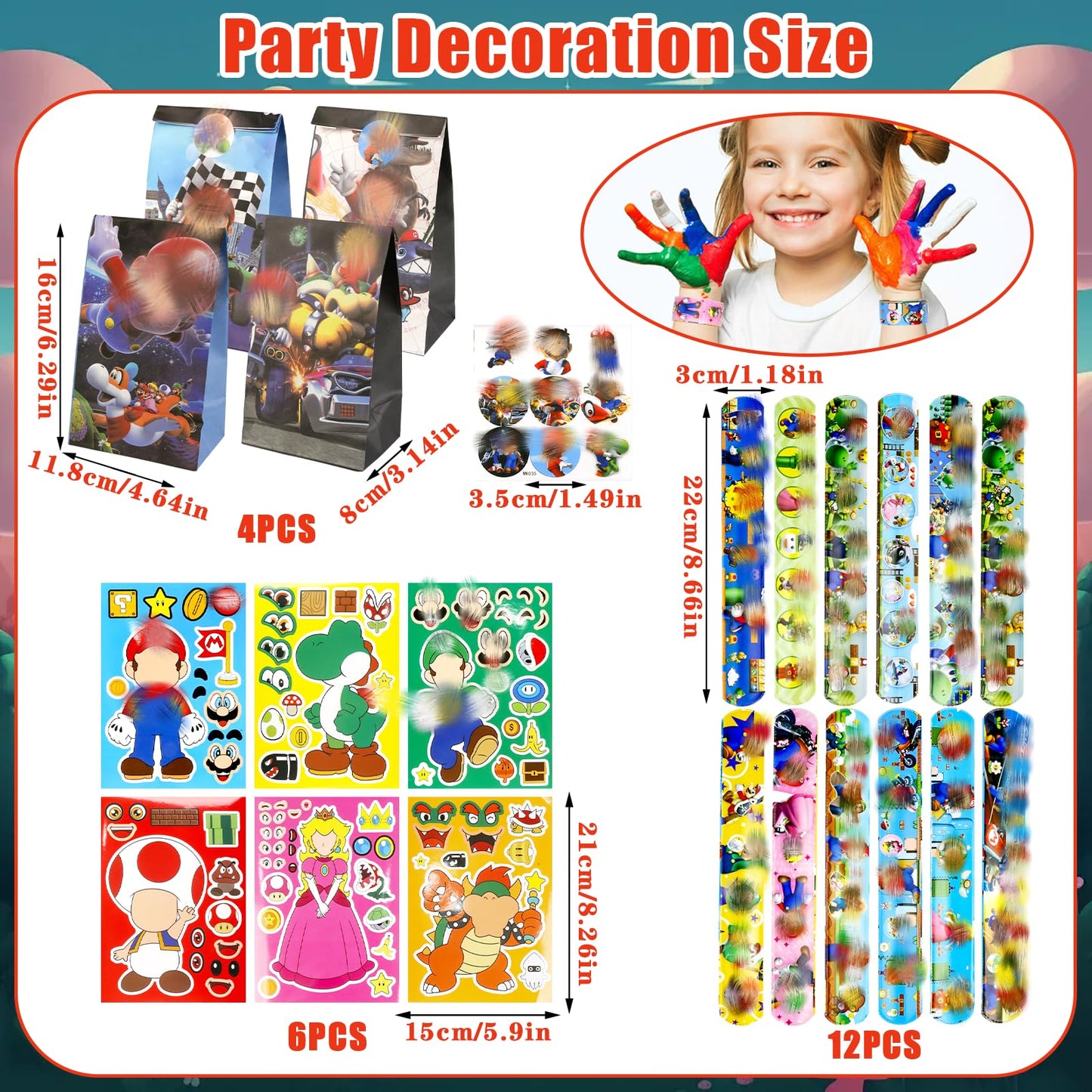 HALIFIN 128Pcs Mario Theme Party Favors, Kids Boys Girls Party Bag Fillers Birthday Party Supplies with Mask, Gift Bag, Stickers, Lapel Badge, Snap Ring, Shoe Charms