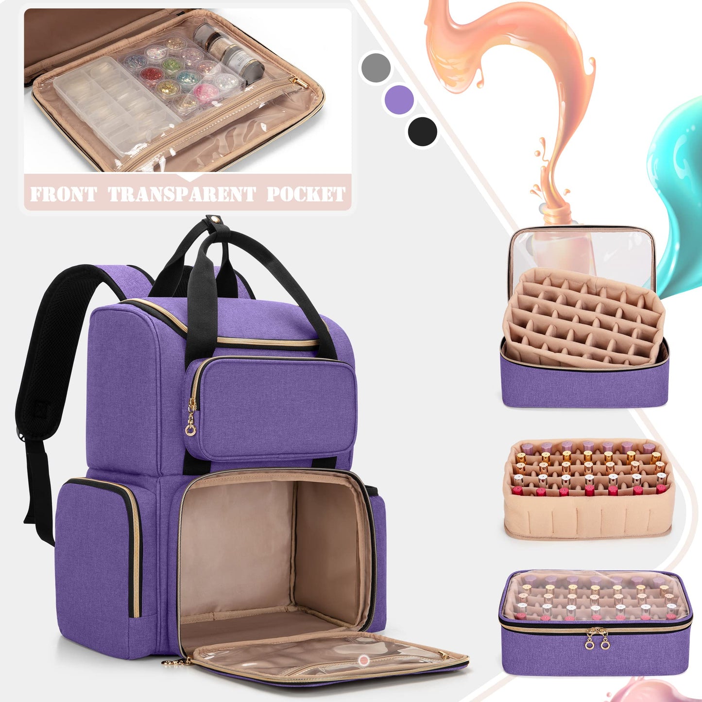Luxja Nail Polish Organizer (Backpack Version) Holds 70 Bottles and a Nail Lamp, Travel Nail Polish Bag with 2 Removable Cases and Tools Storage Pockets (Patent Pending), Purple