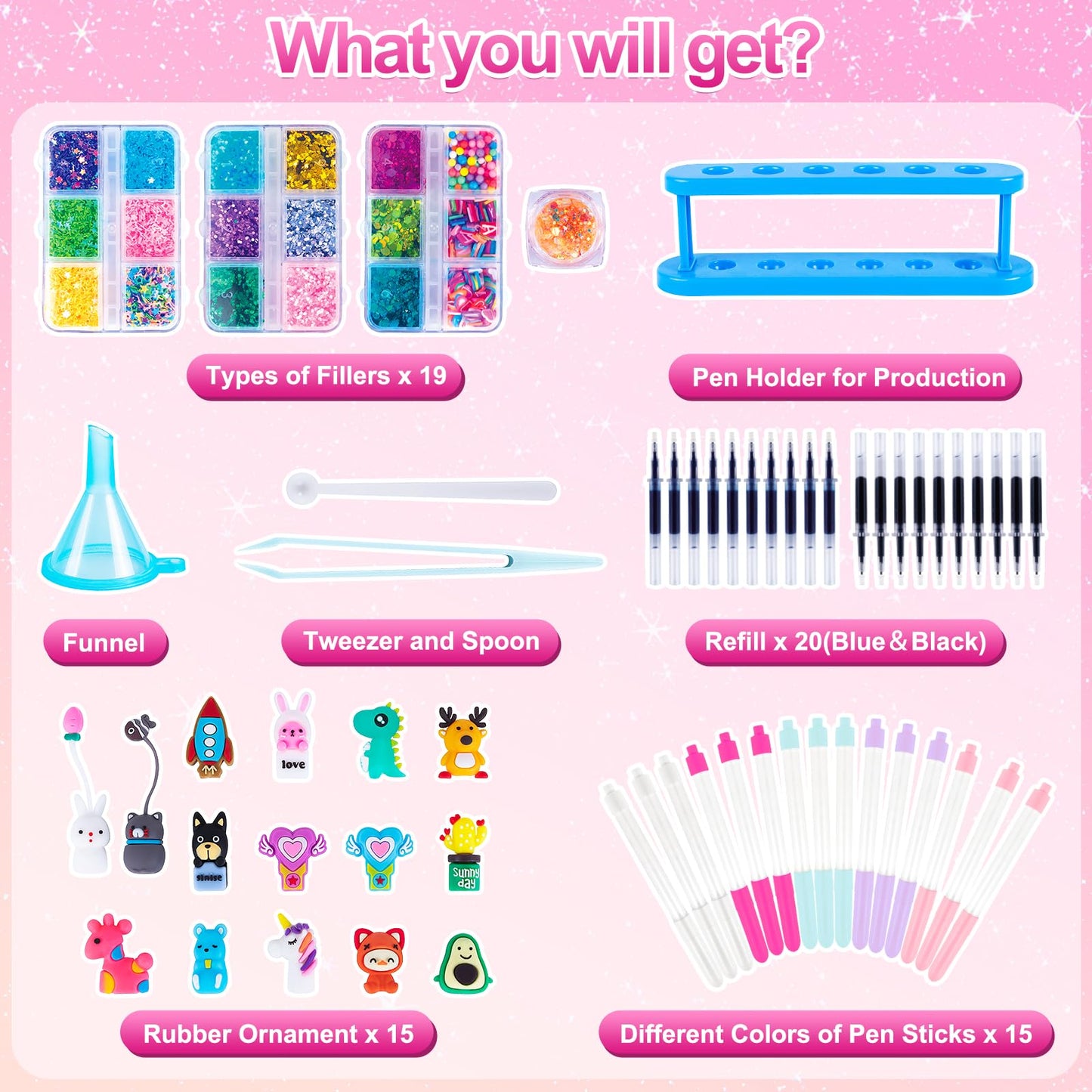Subao DIY Pens Marker for Kids, Glitter Gel Pens Kits 15 Pack, Create Your Own Cute Pen, Creative Personalized Pen Set, Art and Craft Kits for Girls Boys Birthday Christmas Gifts