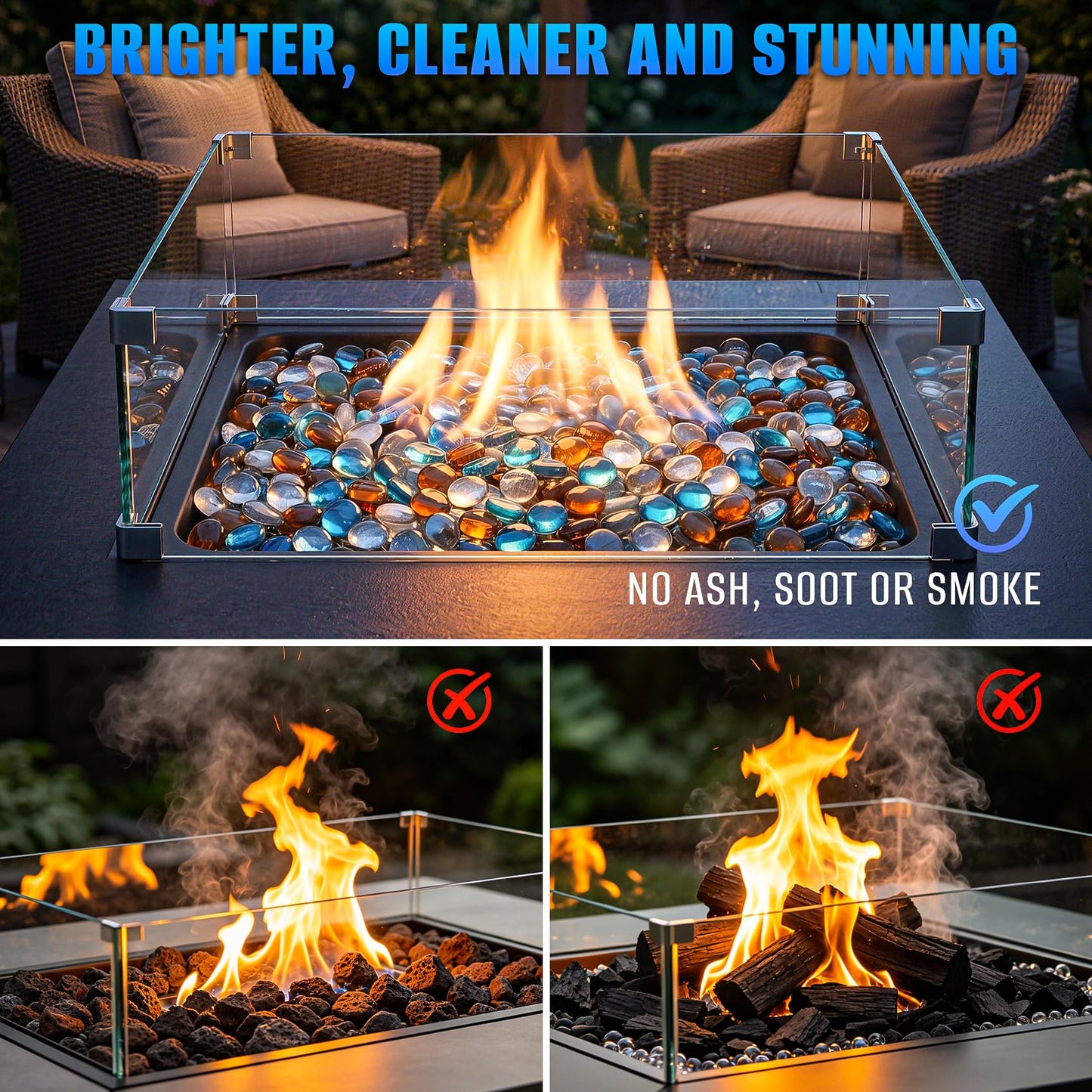 Mr. Fireglass 10 Pound Blended Fire Glass Beads, 1/2" High Luster Mixed Colored Fire Glass Drops for Fireplace Fire Pit & Lanscaping, Caribbean Blue, Crystal Ice, Caramel