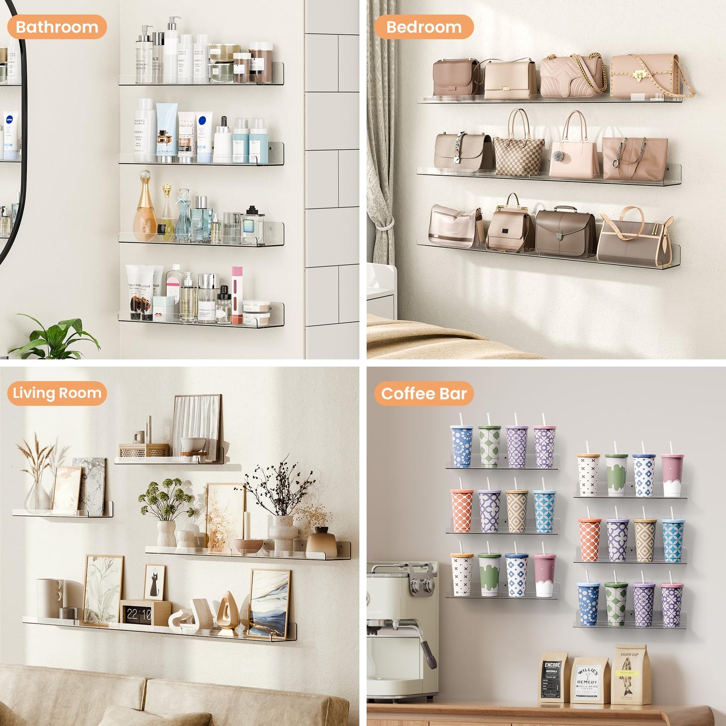 upsimples Clear Acrylic Shelves for Wall Storage, 15" Acrylic Floating Shelves Wall Mounted, Kids Bookshelf, Display Ledge for Bedroom, Living Room, Bathroom, Kitchen (6)