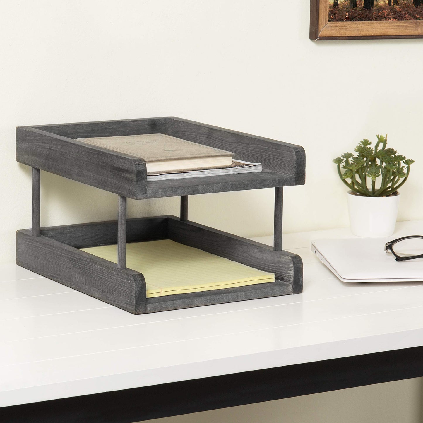 MyGift 2-Tier Rustic Grey Wood Document/File Desktop Organizer Tray