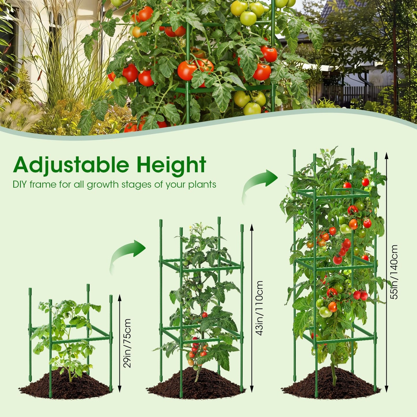 MQJIZHI 3 Pack Tomato Cages for Garden, Upgraded Adjustable Tomato Trellis for Raised Garden Beds up to 55in/140cm, Heavy Duty Plant Support for Climbing Vegetables, Flowers & Fruits(Square)