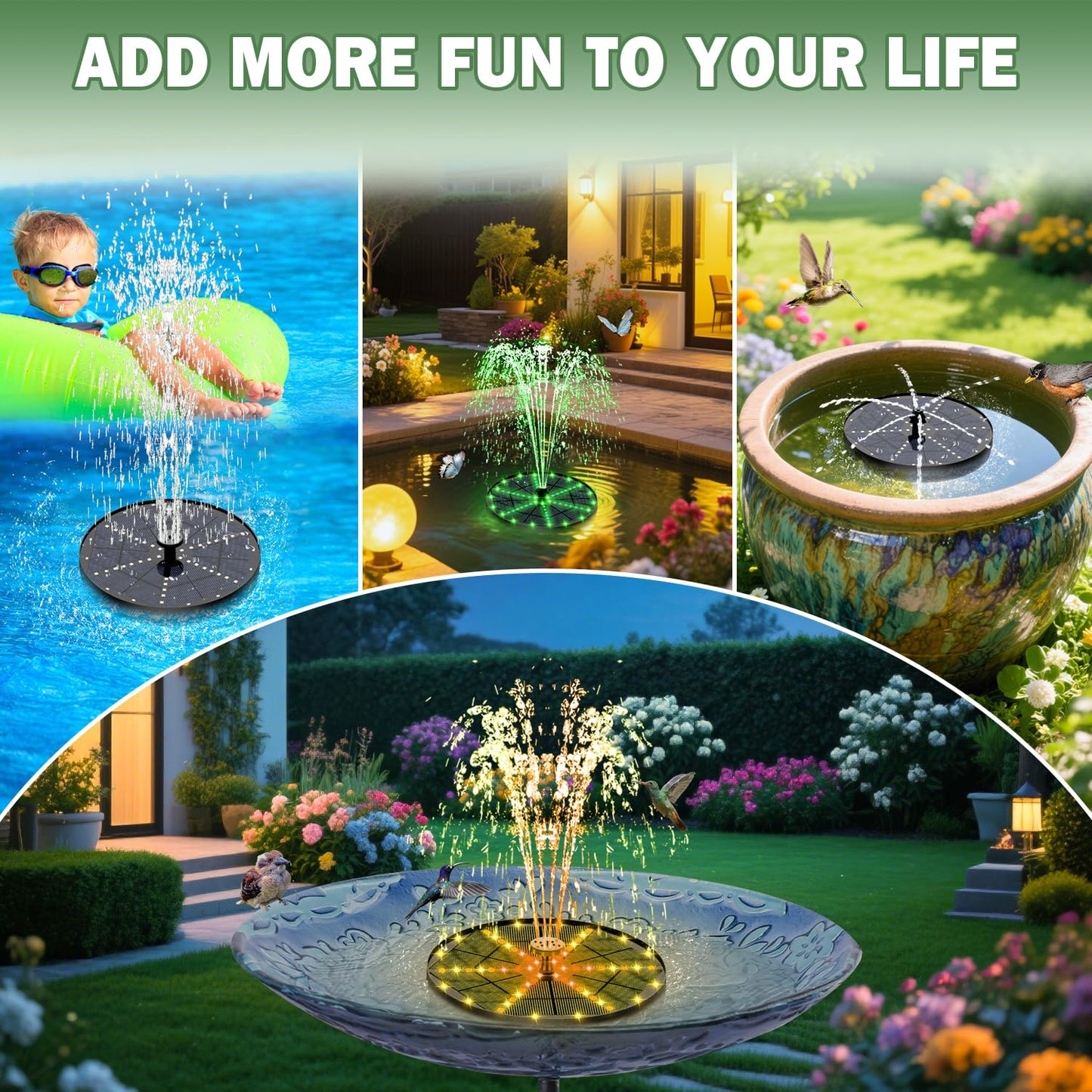 Yzert Upgraded Solar Fountain Bird Bath with 60 LED Lights, Solar Powered Water Fountain Pump with Battery Backup 7 Nozzles 4 Fixers, Outdoor Fountain for Garden Patio Pond Birdbath Pool