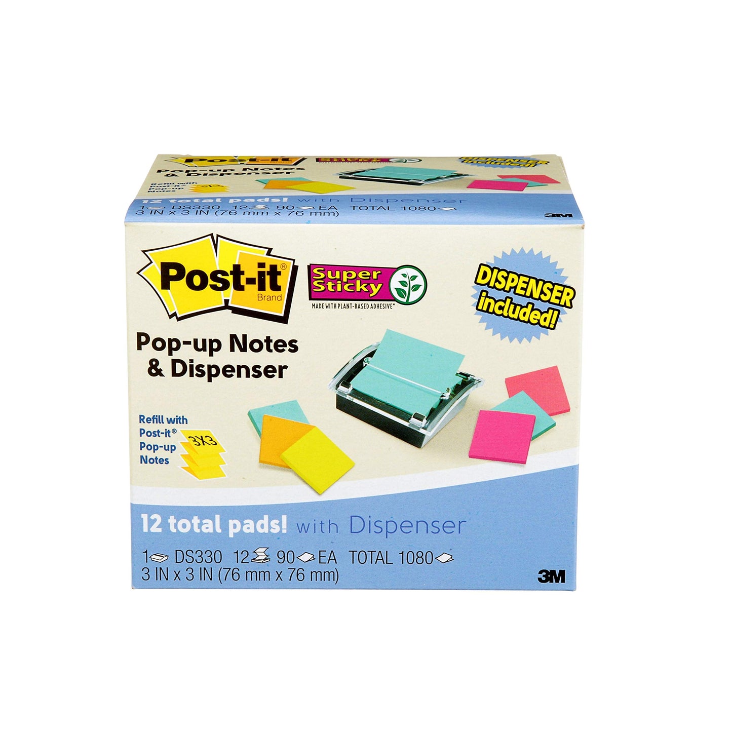 Post-It Notes Dispenser for 3" x 3" Sticky Notes, Includes 12 Pads Super Sticky Notes