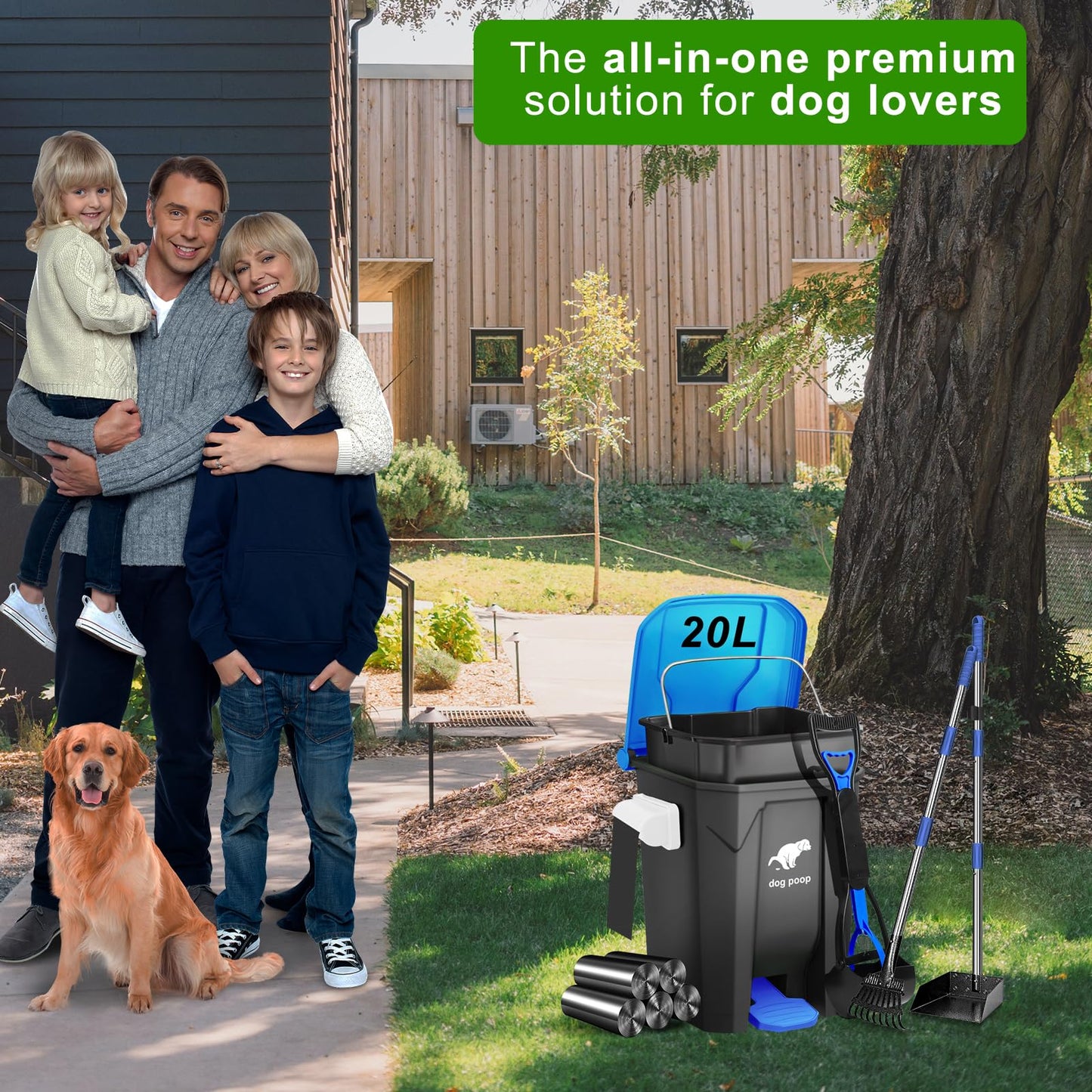 Uppcasir 20L/5Gal Dog Waste Trash Can with Lid, Pedal, Pooper Scooper, Metal Rake & Tray, 100 Bags, Blue