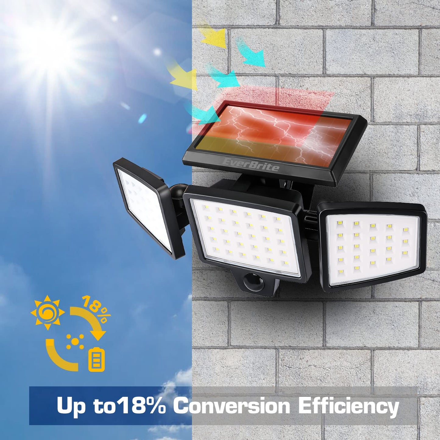 EverBrite Solar Sensor Lights Outdoor, 72 LED 1000LM Solar Motion Sensor Security Lights with 270° Wide Lighting Angle, IP65 Waterproof Bright Flood Lights for Garden Yard Garage Patio Pathway, 2 Pack