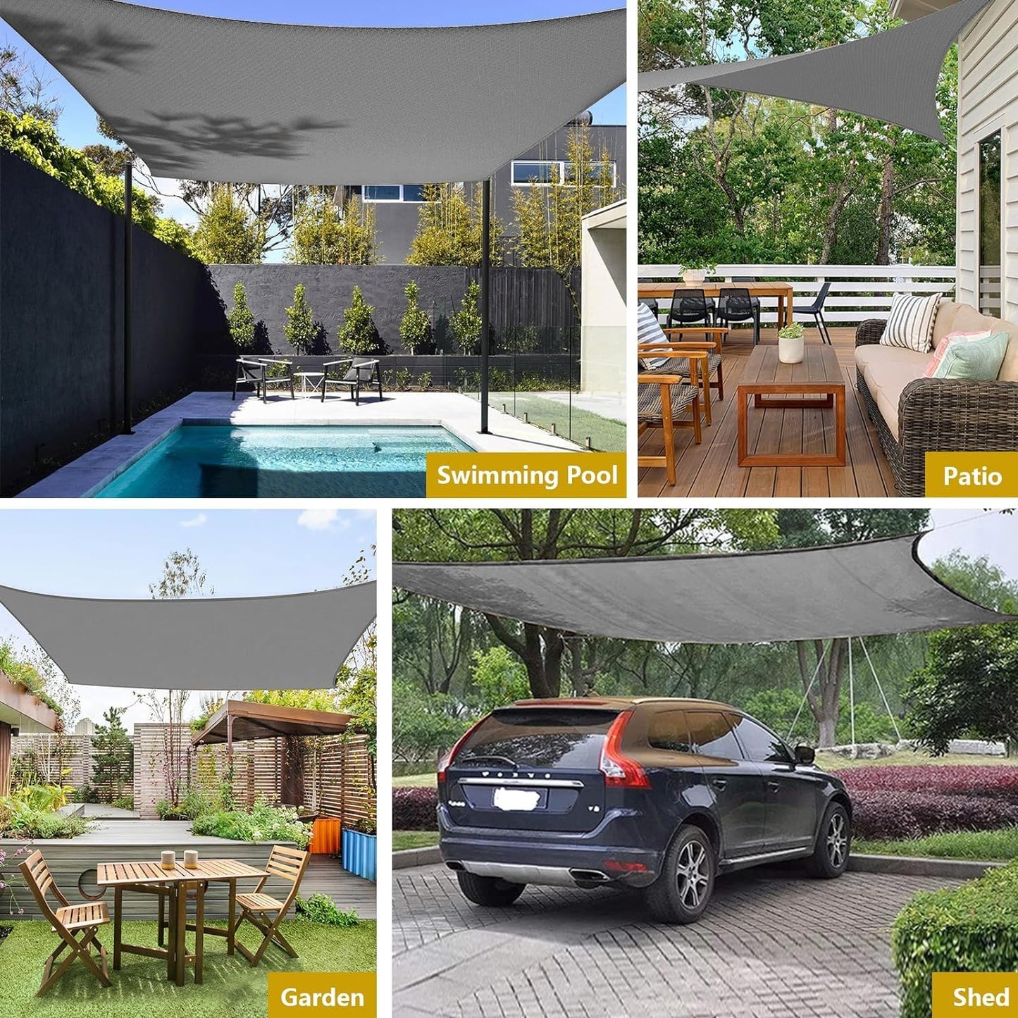10ft×10ft Sun Shade Sail, Outdoor Rectangle Sun Sail Shade with 4 Ropes, Pergola Canopy, 95% UV Block, for Patio, Garden, Backyard, Lawn and Swimming Pool (10' x 10', Grey)