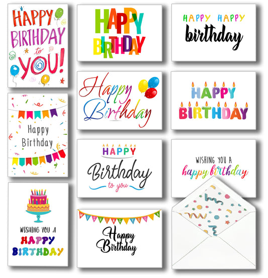 100 Happy Birthday Cards, Large Assorted Greeting Notes with Envelopes and Stickers, 10 Unique Designs, 5x7 Inch, Thick Card Stock Bulk Box Set