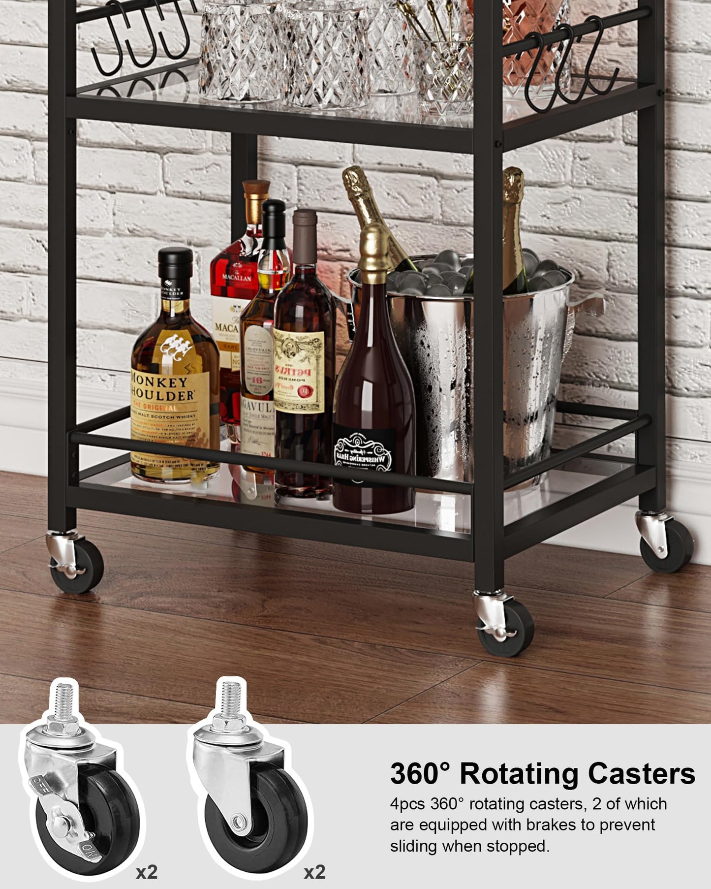 TUTOTAK Bar Cart, Home Bar Serving Cart with 3-Tier Mirrored Shelf, Wine Cart, Drink Cart, Mobile Kitchen Shelf, Black BC01BK034CA