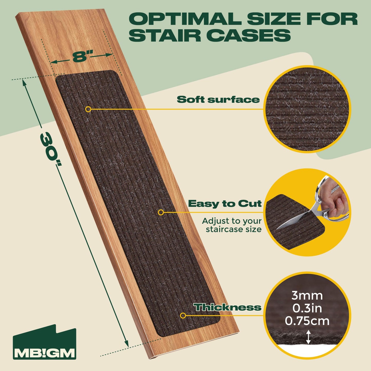 MBIGM 8" X 30" (15 in Pack) Non-Slip Carpet Stair Treads - Non Skid Carpet Safety Rug Slip Resistant Stair Tread Runner for Kids Elders & Pets with Reusable Adhesive - Brown - Anti Slip Stair Treads