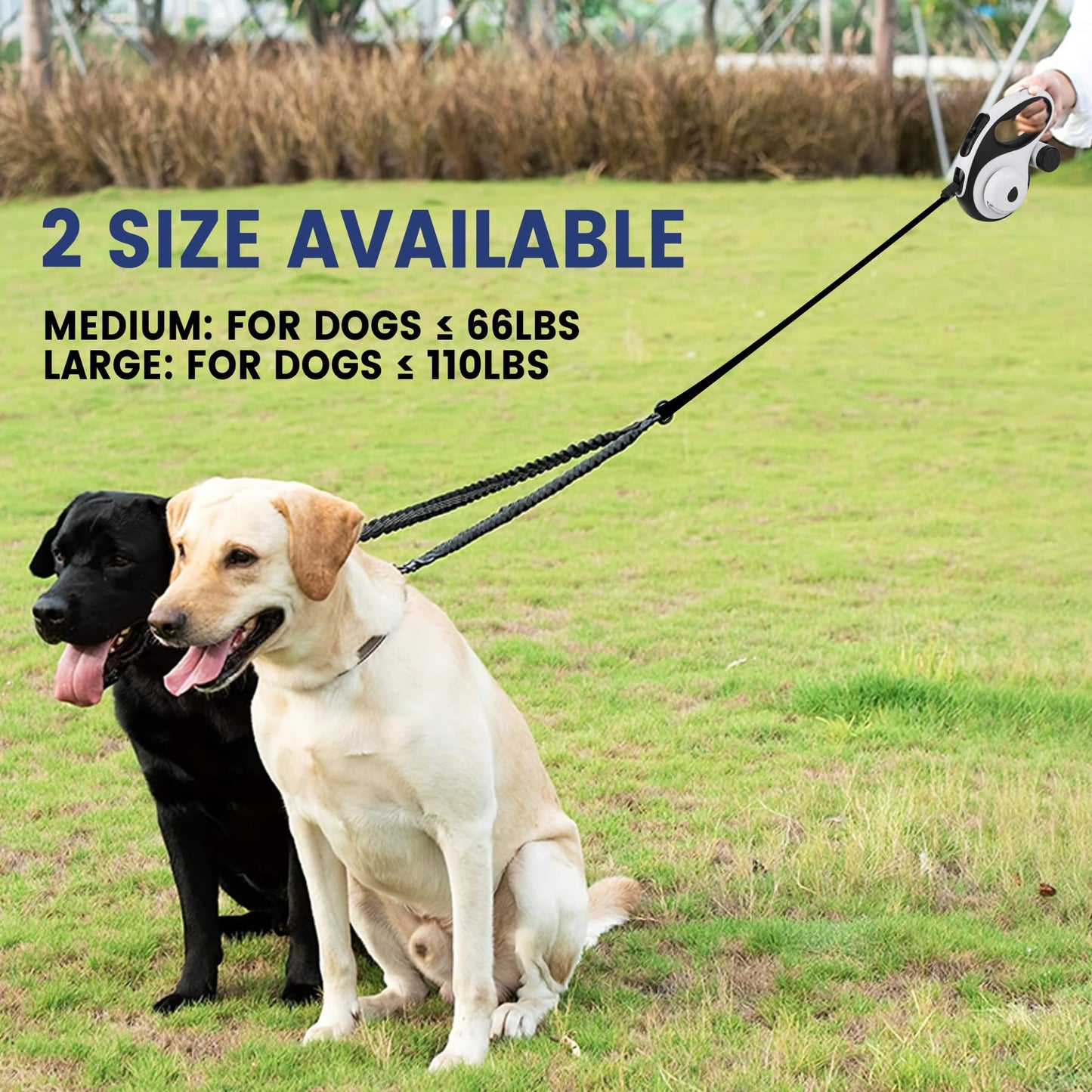 Dual Retractable Dog Leash for 2 Large Dogs (Up to 110LBS Each) - Double Headed Pet Leash with Poop Bags and LED Light, One Button Brake & Lock, 360 Tangle-Free (Blue, Large)