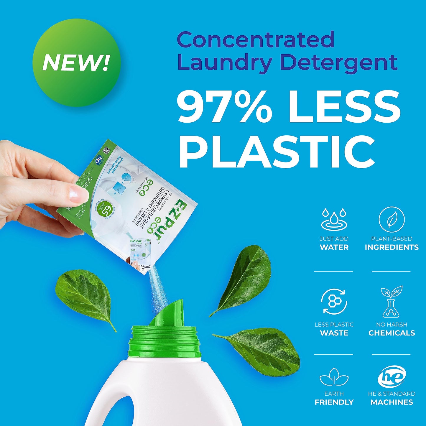 E-Z Pur - Eco Laundry Detergent, 260 Loads - 4-Pack Refill, 40g Each, Mix with Water to Make 7.2L Unscented Liquid, HE Compatible, Septic Safe, Concentrated - EZ Pur Eco