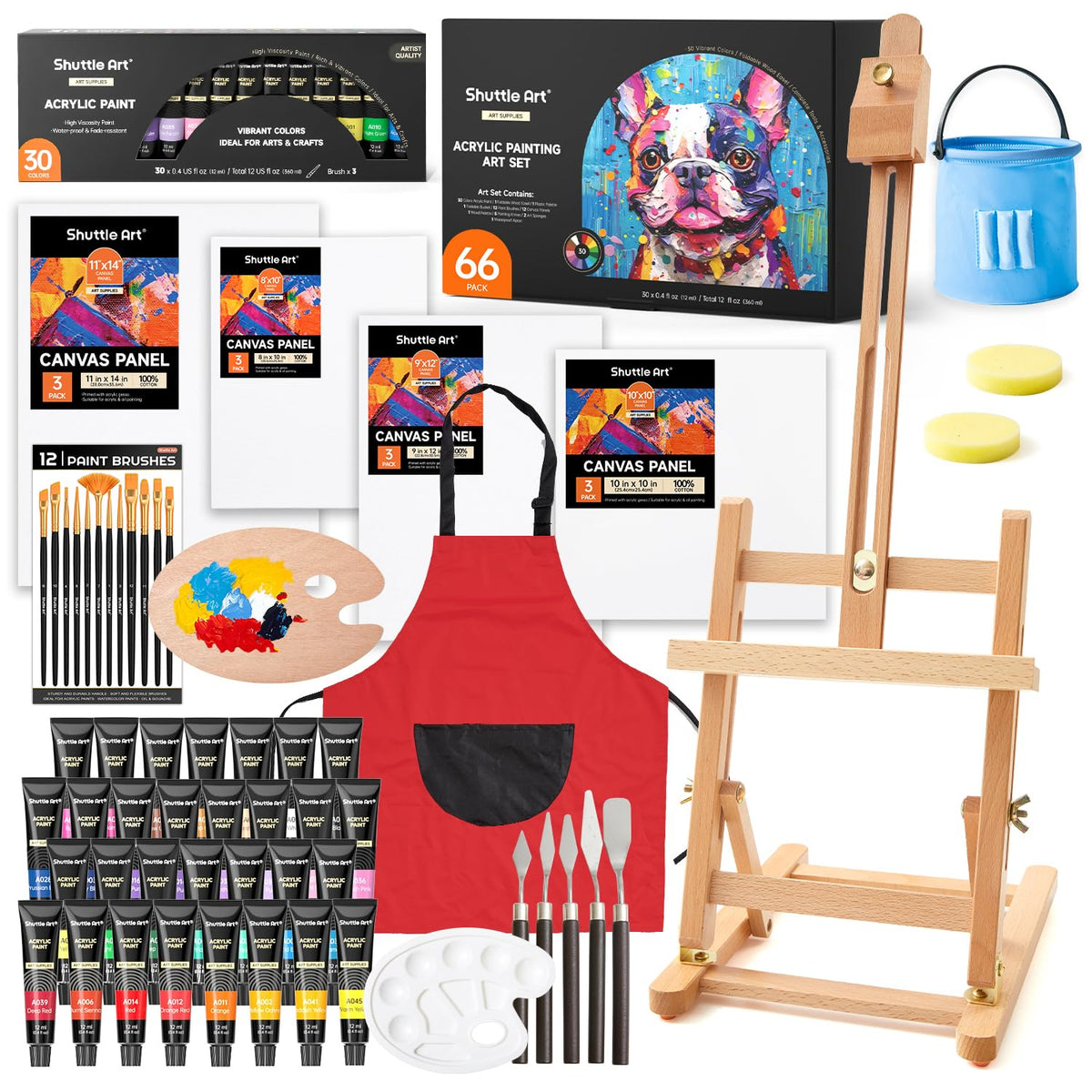 Shuttle Art 66 Pack Acrylic Paint Set, Acrylic Painting Set with 30 Colors Acrylic Paint, Wooden Easel, Painting Canvas, Paint Brushes, Palettes, Art Painting Supplies for Kids Adults Beginner Artists