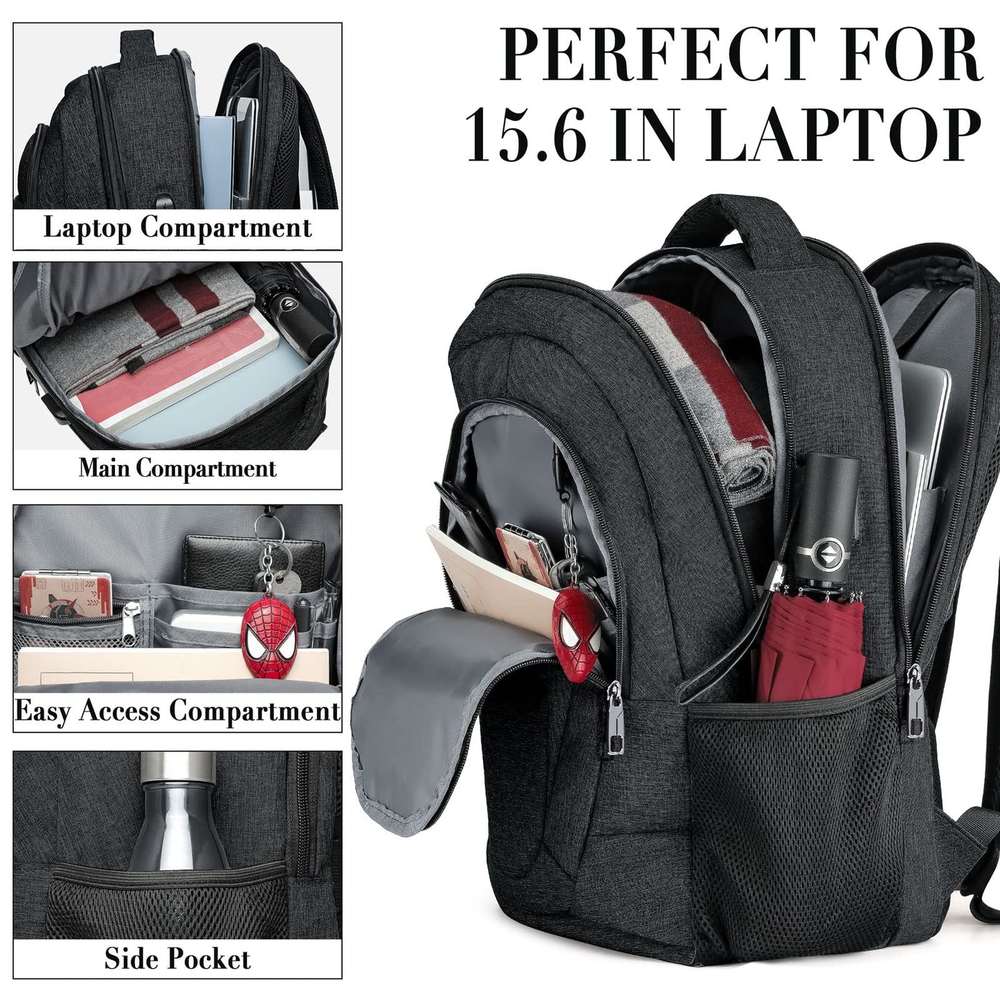 Backpack for Men and Women, School Backpacks for Teen Boys and Girls, Black Water Resistant Back Pack, Business Men Sturdy Computer Bag with USB Charging Port, Gifts