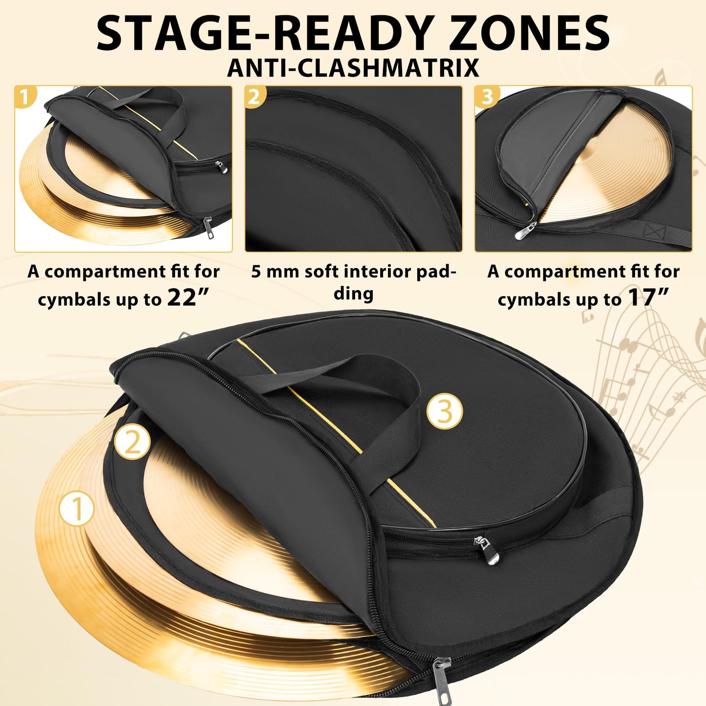 MAYQMAY Professional 22Inch Padded Cymbal Bag/Cases 600D Waterproof Oxford Cloth with 17in Pocket, Black