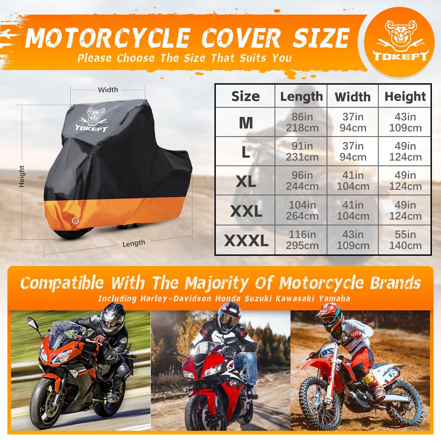 Tokept Motorcycle Cover, All-Season Waterproof Outdoor Sun Protection Fit up to 116 Inch Harley-Davidson Honda Suzuki Kawasaki Yamaha (XXXL Black&Orange)