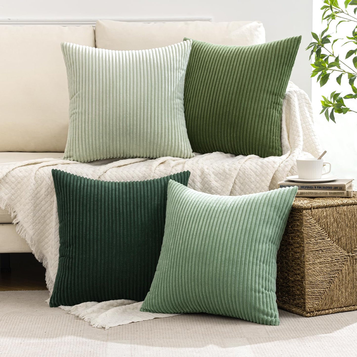 MIULEE Pack of 4 Green Corduroy Decorative Throw Pillow Covers 18x18 Inch Soft Boho Striped Pillow Covers Modern Farmhouse Home Decor for Sofa Living Room Couch Bed