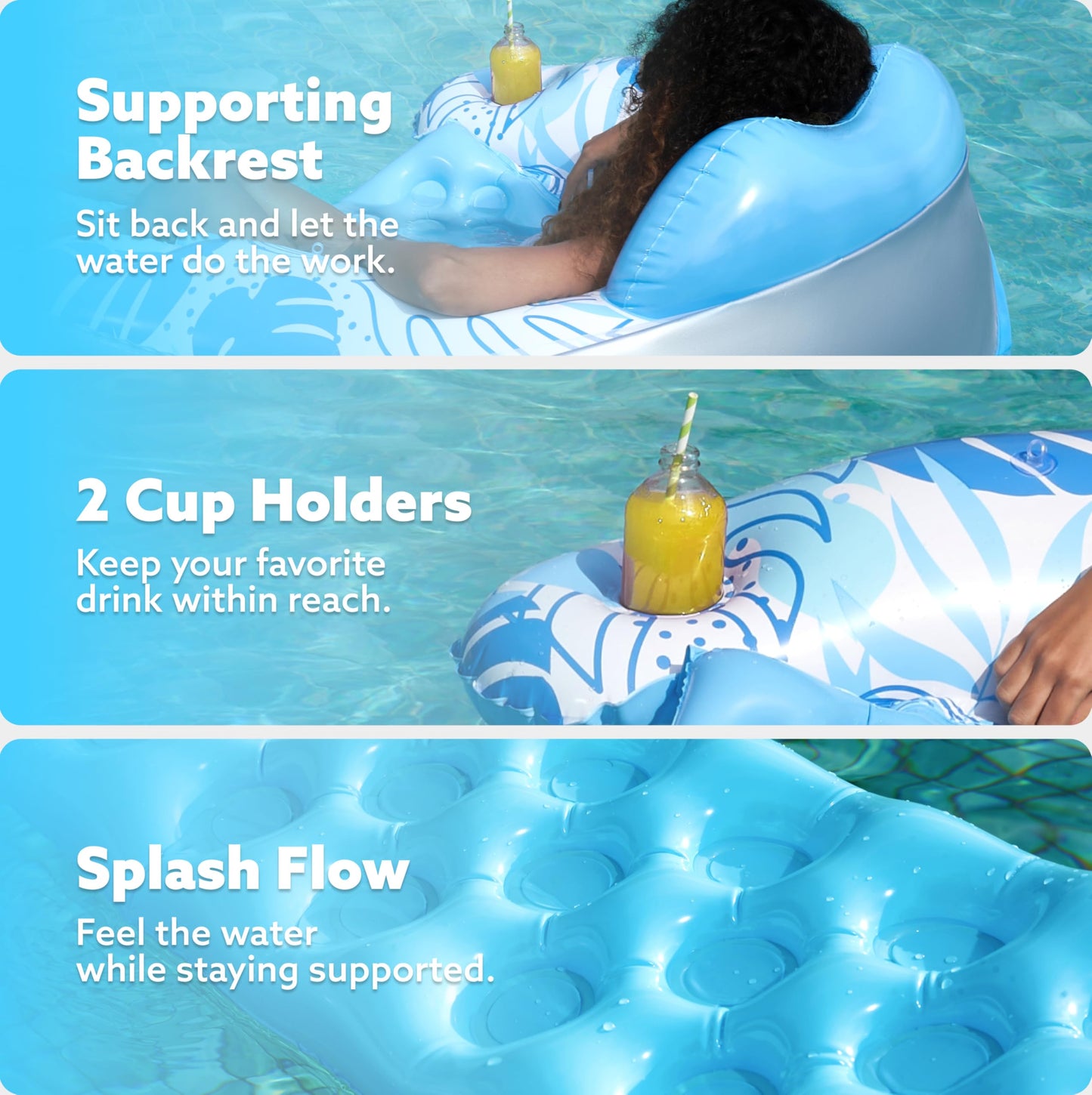 Sloosh Pool Floats with Canopy Adult,XL Inflatable Pool Lounge Chairs with Cup Holders,Floating Chair for Adults,Inflatable Floaties with Headrest for Party Beach Summer Water Fun,Blue