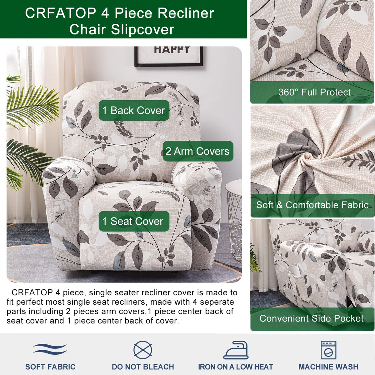 CRFATOP Floral Printed Recliner Cover with Pockets Single Reclining Slipcover 4-Pieces Lazy Boy Recliner Armchair Cover with Elastic Bottom for Recliner Furniture Protector for Kid Pet,A01
