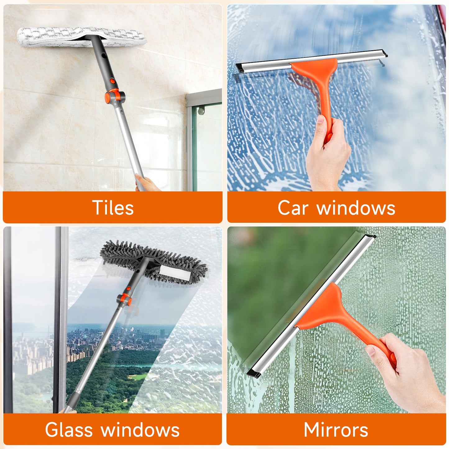 Chabatree Window Squeegee Cleaner Set 2-in-1 with Extendable Pole, Window Cleaning kit with Bendable Head for Glass for Car Indoor Outdoor High Windows（Kit1.0）