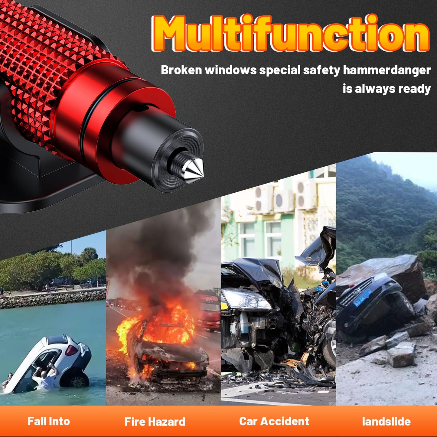 smosun Safehammer - Upgraded Safe Hammer Glass Breaker Under Water, Car Hammer Seatbelt Cutter Window Breaker Emergency Escape Tool, Safehammer Glass Breaker for New Cars (3PCS Red & Black & Silver)
