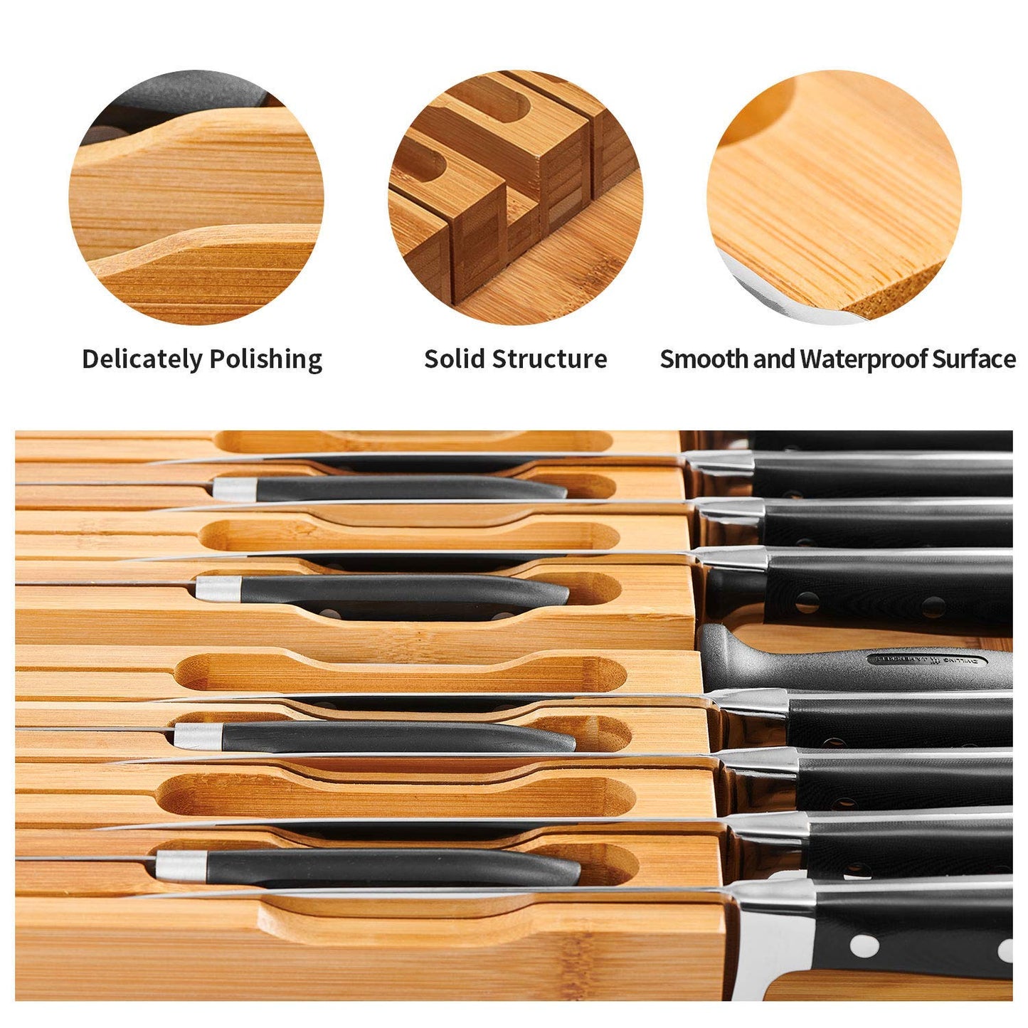 VaeFae Bamboo Knife Drawer Organizer, Knife Drawer Organizer Insert, Kitchen Drawer Knife Block for 16 Knives and a Plus Slot for Your Knife Sharpener (Without Knives)