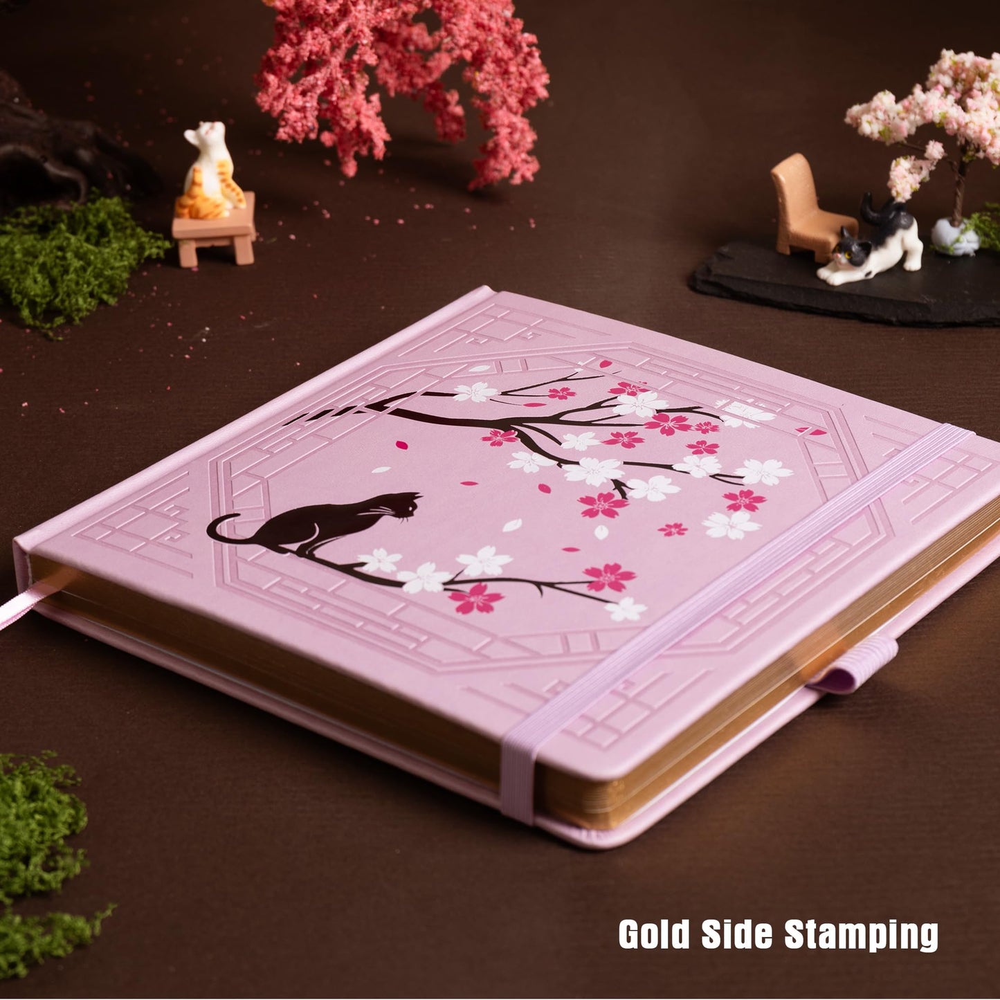 TIEFOSSI Square Dotted Journal, Cute Cat Journal for Women Girls, Dot Notebook with Pretty Sakura Pattern, Aesthetic Diary for Writing Journaling Drawing, Golden Edges, 8 x 8 IN