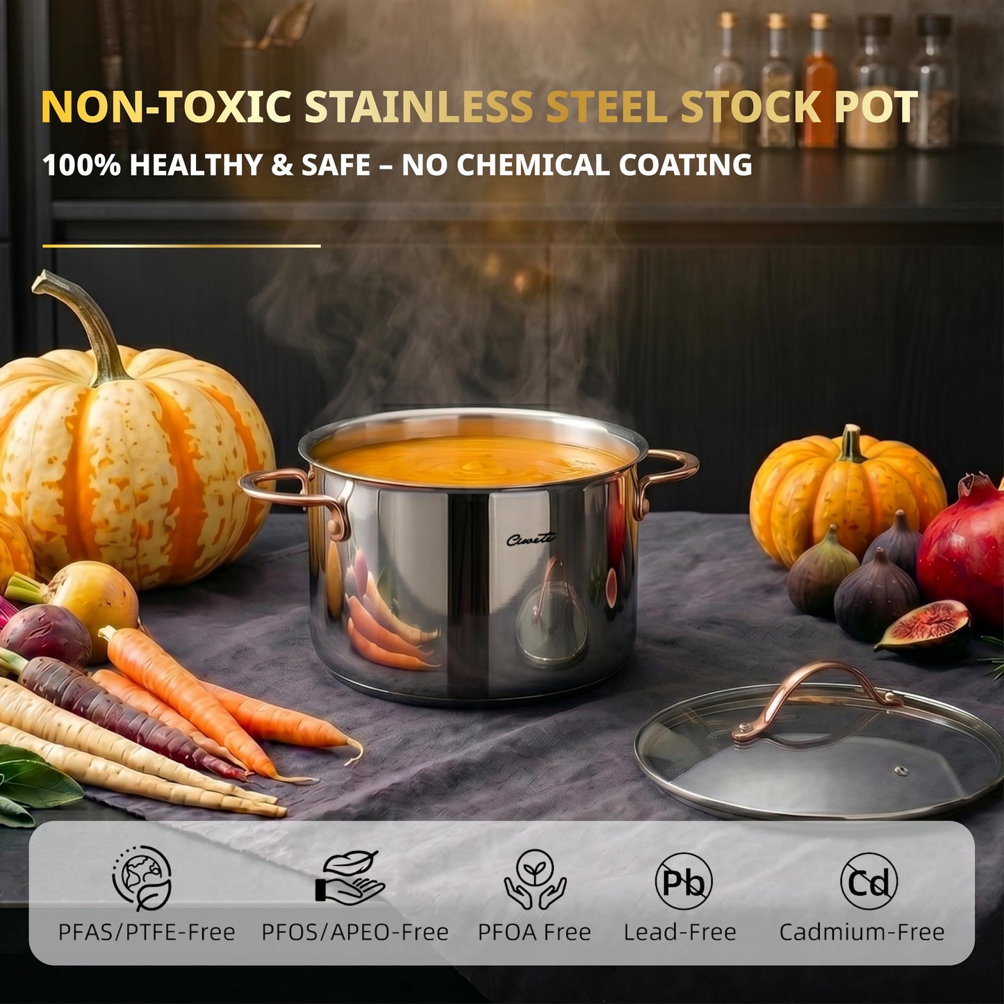 Ciwete 8 Quart Stock Pot, 3 Ply Stainless Steel Cooking Stock Pot with Lid, 8 QT Soup Pot with Copper Handle, Healthy Stockpots, Induction, Oven, Gas and Dishwasher Safe