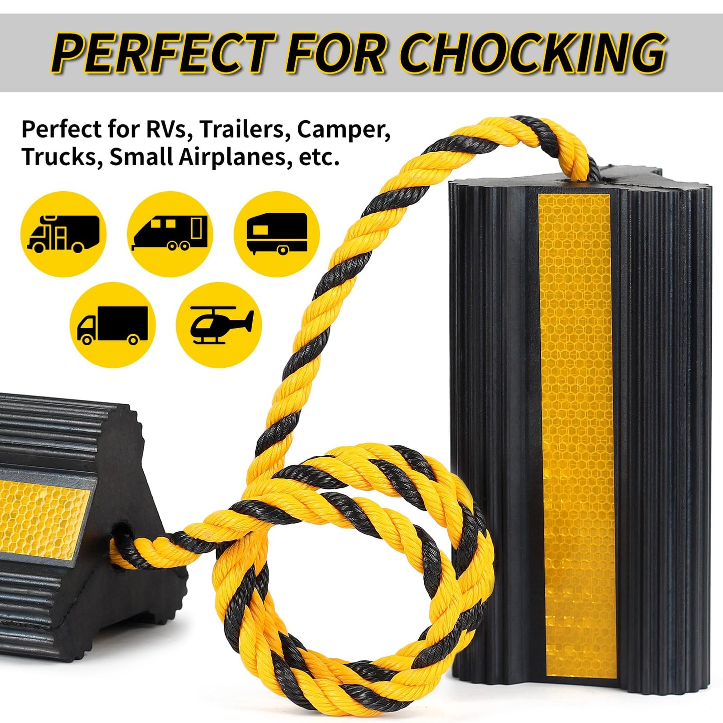 OULEME Heavy Duty Rubber Wheel Chocks, RV Tire Chock Blocks with Nylon Rope ＆ Yellow Reflective Tape, Non-Slip Wheel Stoppers for Camper, Travel Trailers, Aircraft, Car, Truck (1 Pair)