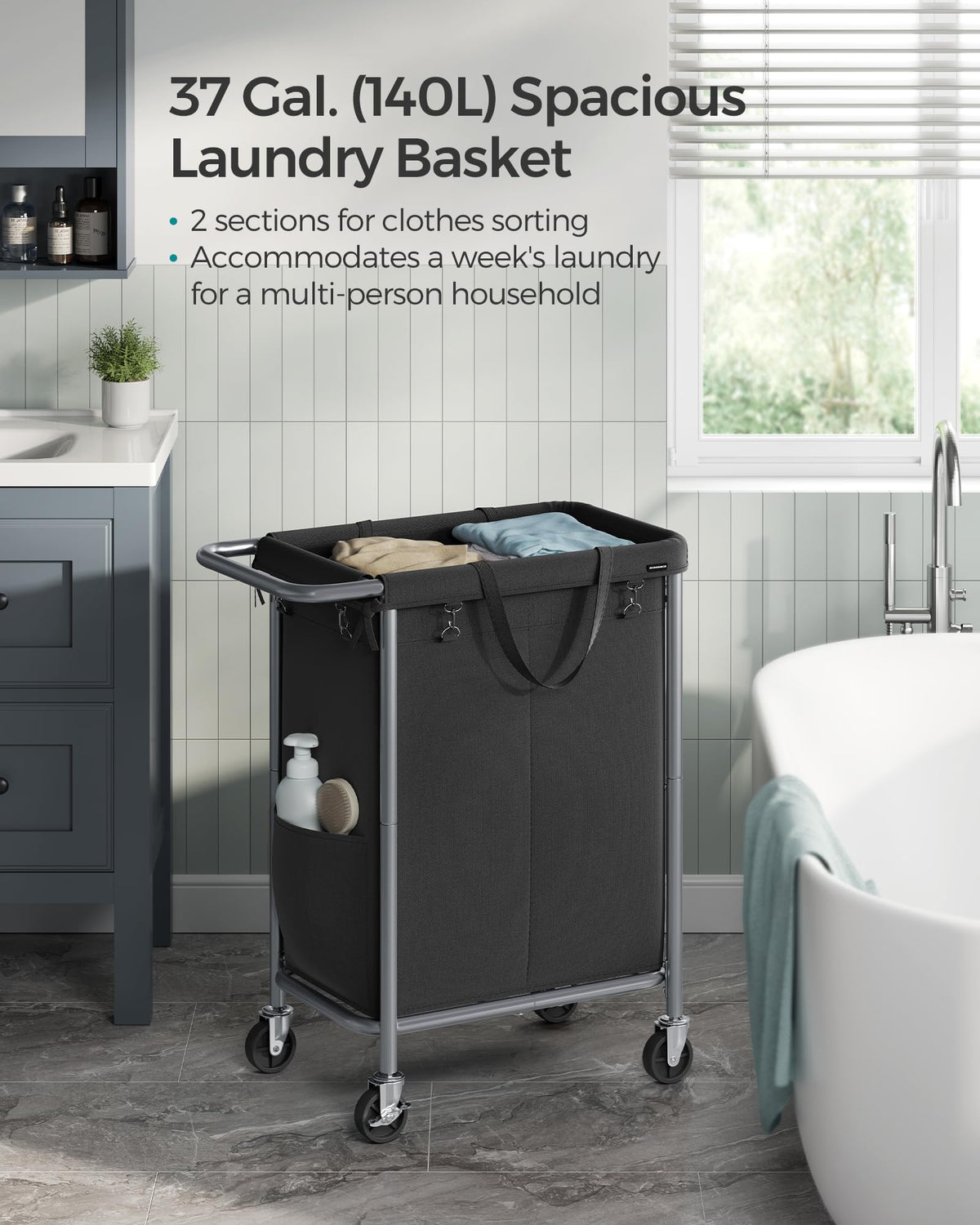 SONGMICS Laundry Basket with Wheels, 2-Section Rolling Laundry Hamper, 37 Gallons (140 L), Removable Liner, Steel Frame with Handle, 69 x 39 x 81 cm, Ink Black URLS004B01